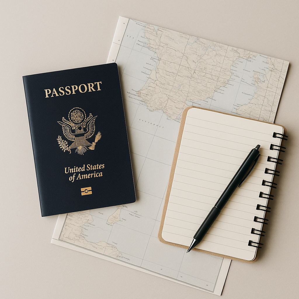 Minimalist travel flatlay with a passport, map, and notebook styled in neutral tones, representing custom trip planning and itineraries by Essential Escapes Travel.