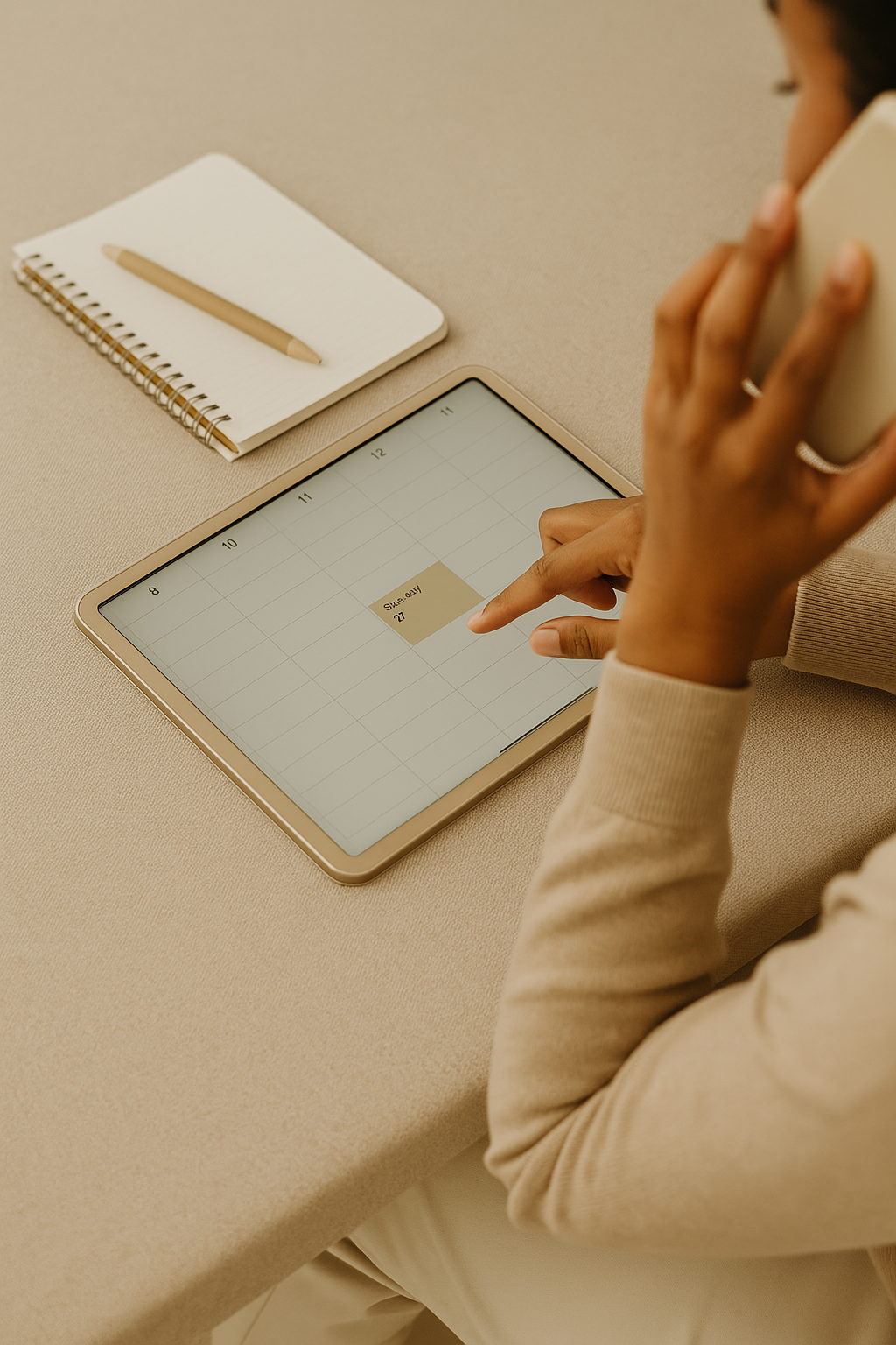A person using a digital calendar on a tablet to schedule an appointment for Sunday the 27th, with a notebook and pen nearby on a beige table