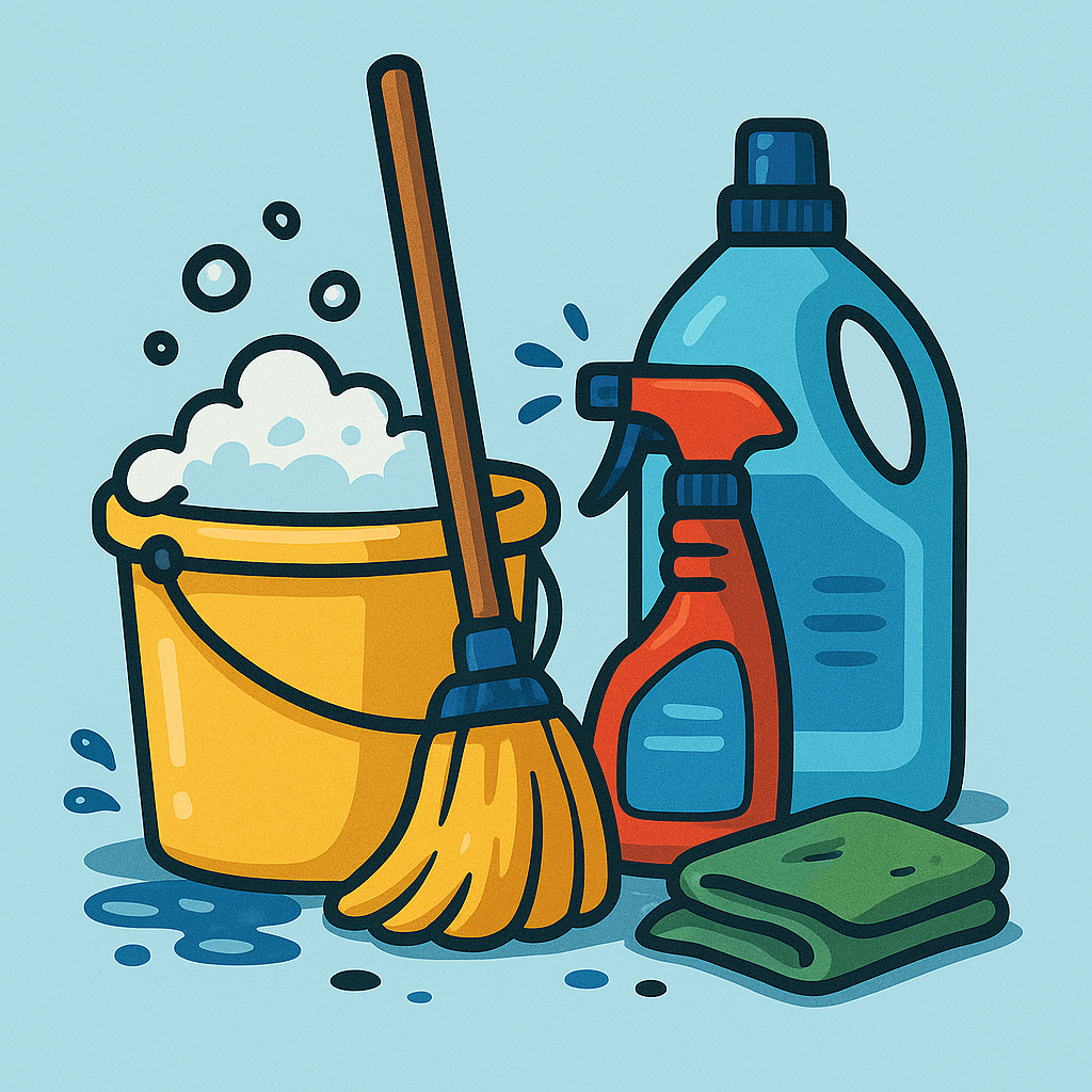 Cleaning supplies including a yellow bucket with soapy water, a broom, a spray bottle, a bottle of cleaning solution, and green cleaning cloths.