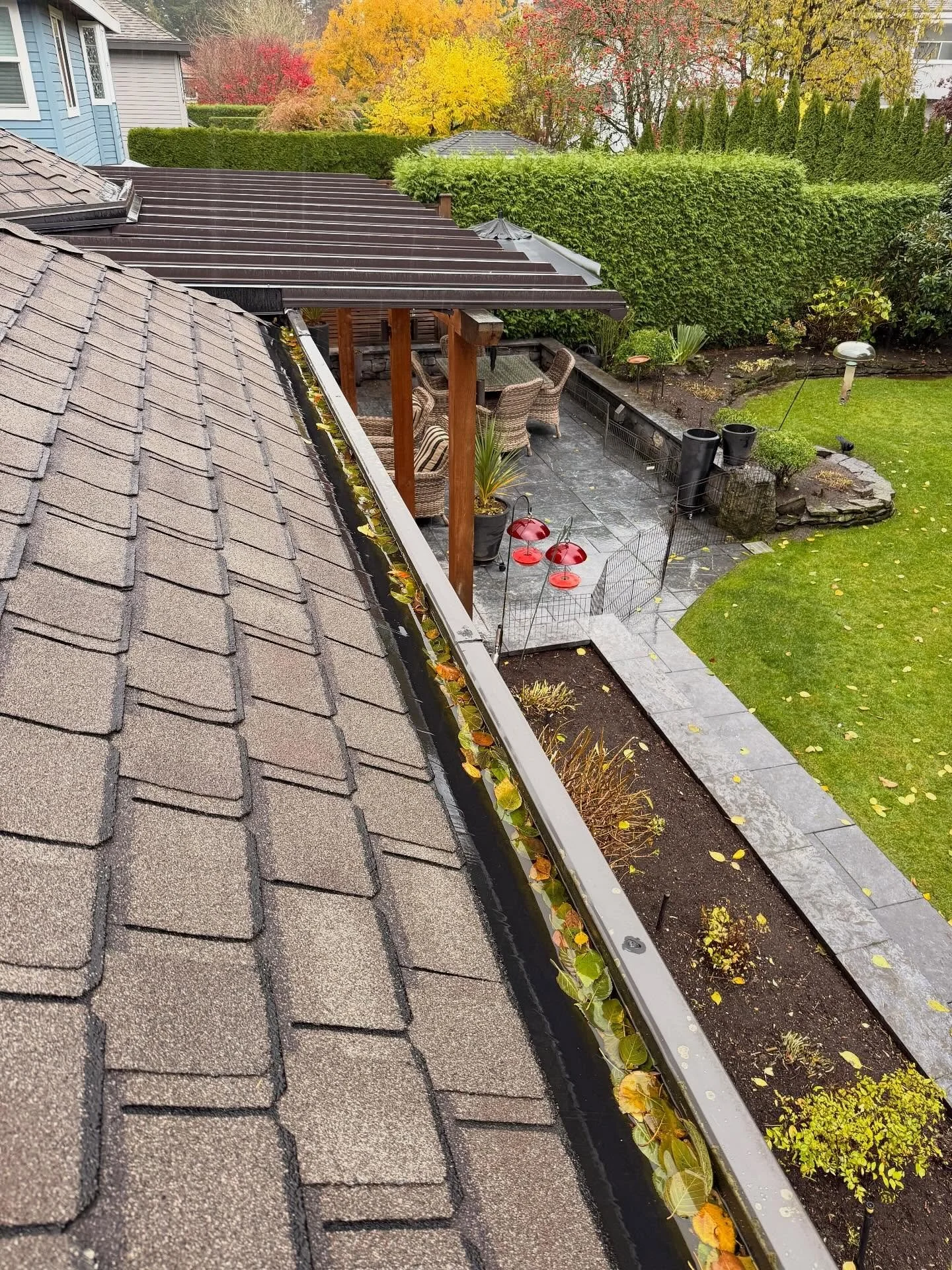 Gutter cleaning job today! Unfortunately got unlucky with the weather but we still showed and got the job done. We&rsquo;ll have to revisit these gutters in a couple months as the leaves are still falling and the downspouts will undoubtedly get clogg