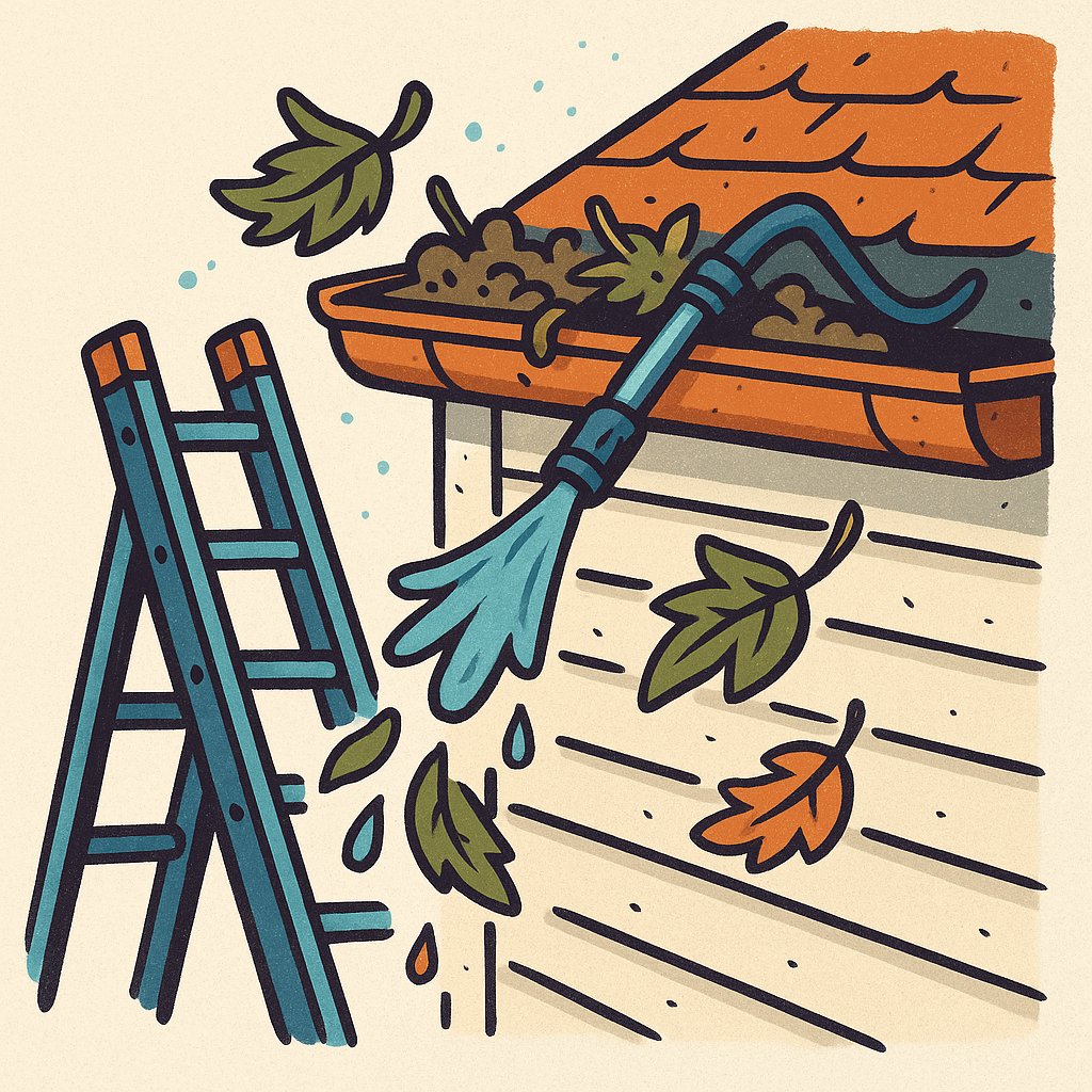 Illustration of a gutter cleaning scene with a ladder, a hose spraying water into the gutter, leaves falling around, and a house's roof.