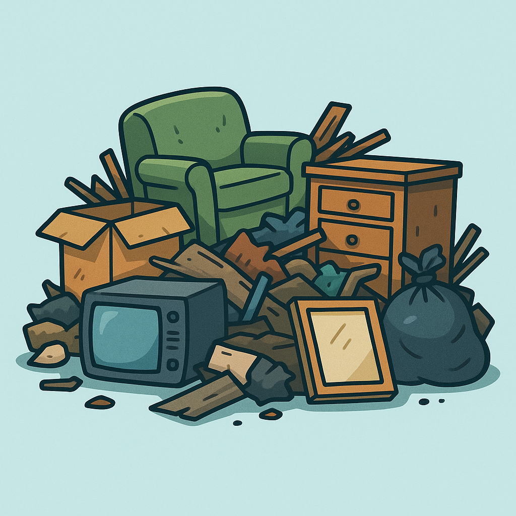 A green armchair surrounded by clutter, including a small brown dresser, an old television, a mirror, trash bags, boxes, and scattered wood pieces.