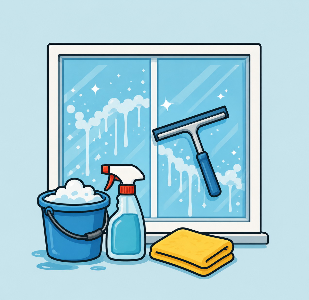 Window with soap and cleaning supplies including a bucket filled with foam, a spray bottle, a squeegee, and a yellow cloth.