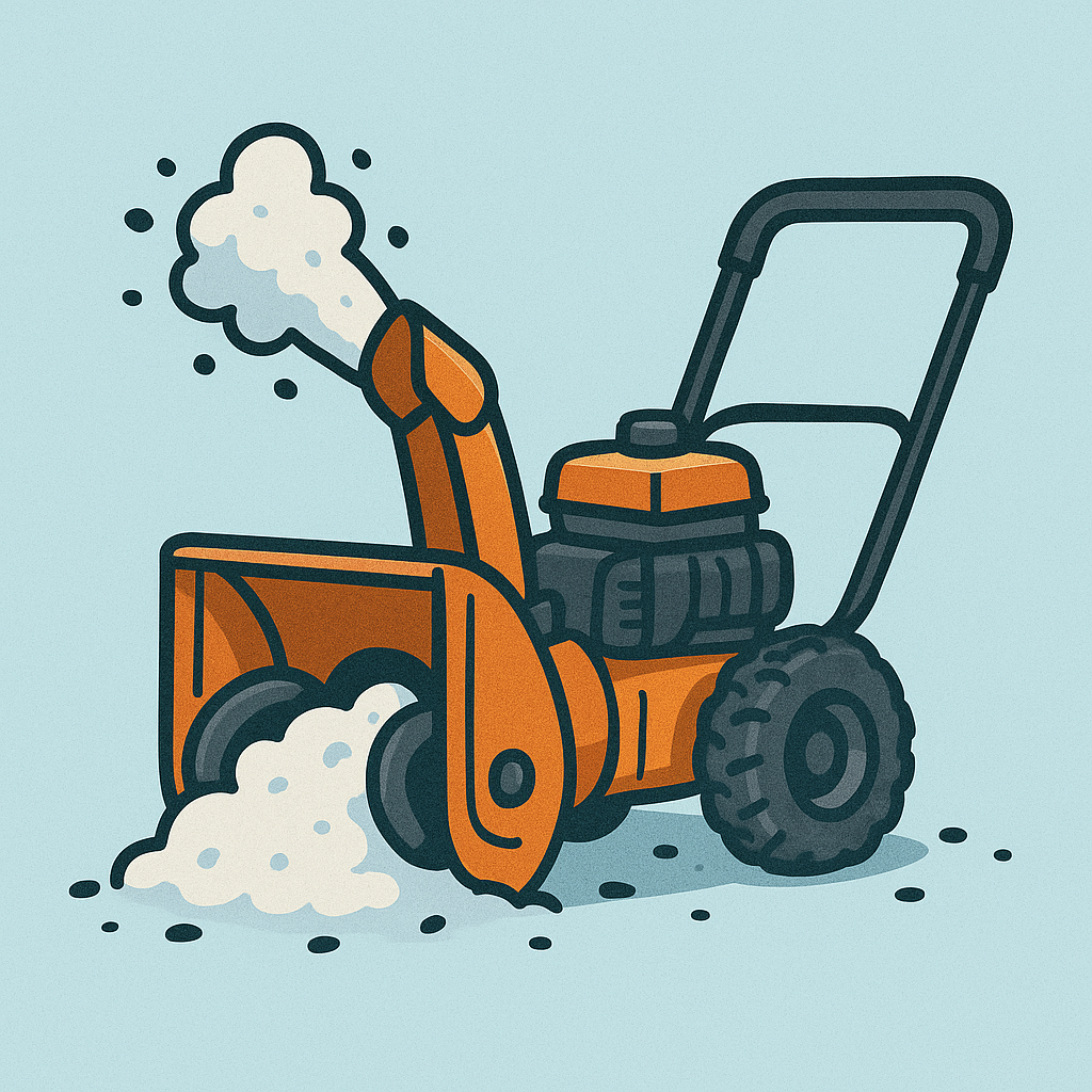 Illustration of a snow blower clearing snow with visible exhaust fumes.