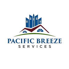 Logo for Pacific Breeze Services featuring a stylized city skyline emerging from an open book.