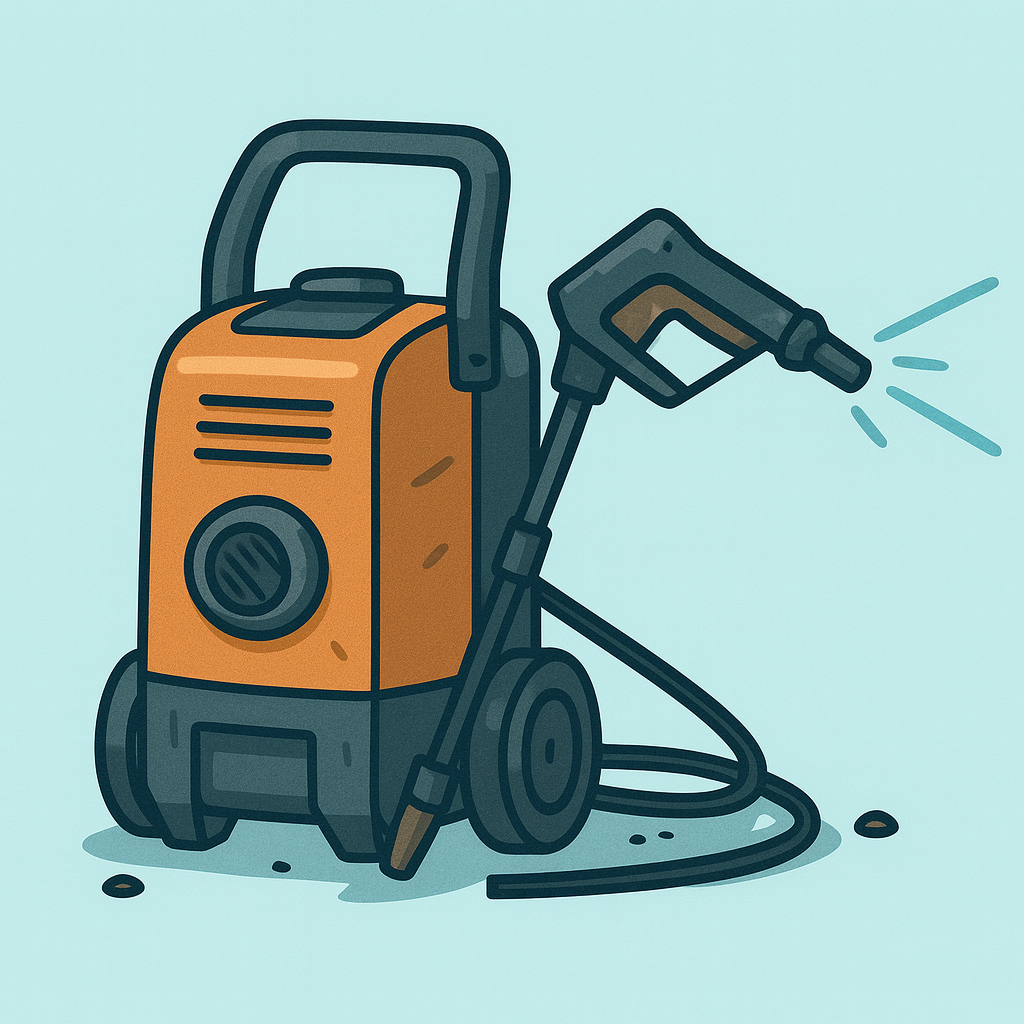 Illustration of a portable pressure washer with a spray gun and hose.