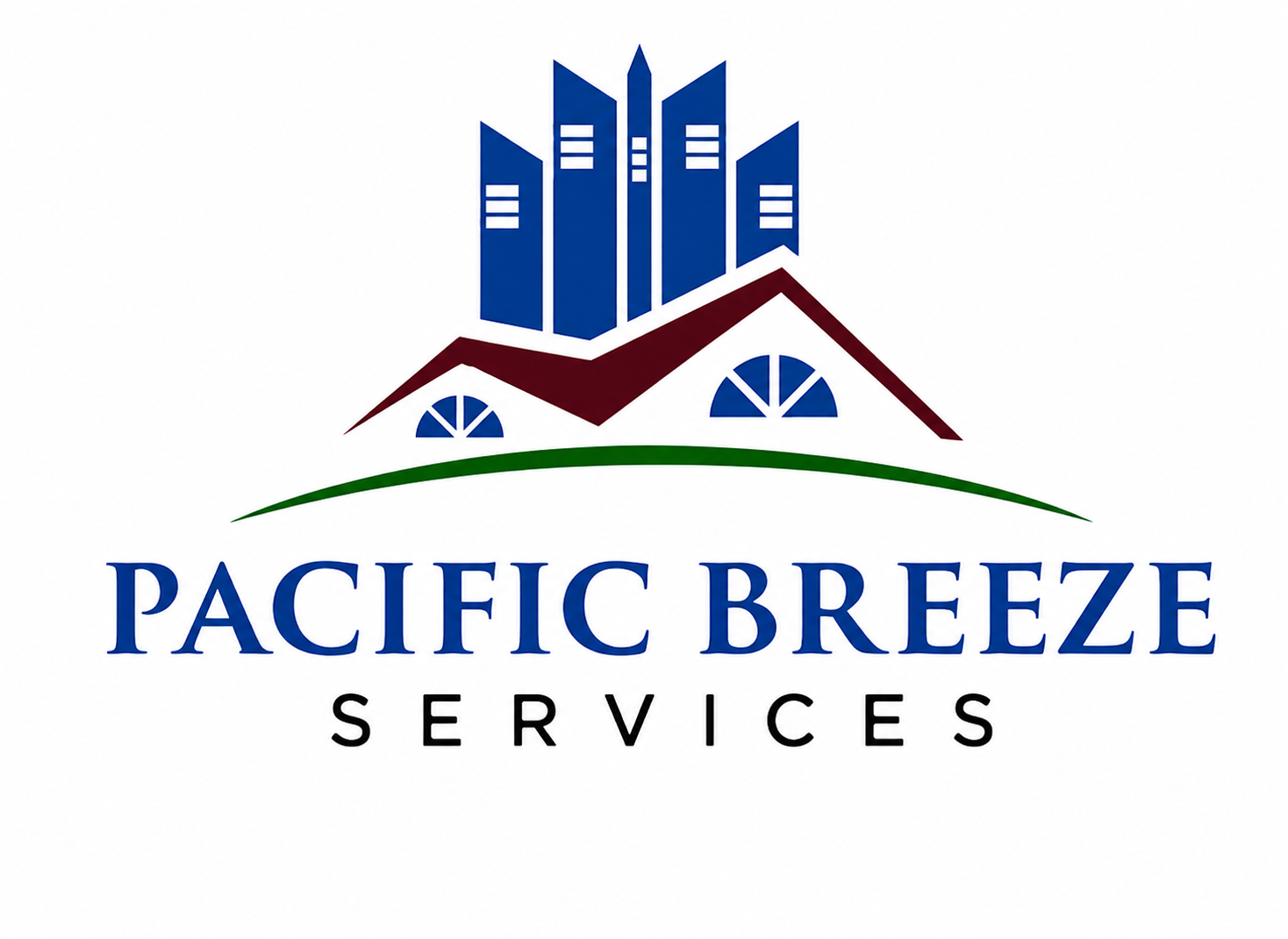 Logo for Pacific Breeze Services featuring a stylized house with blue skyscraper-like buildings emerging from the roof, green grass, and the company name in blue and black text.