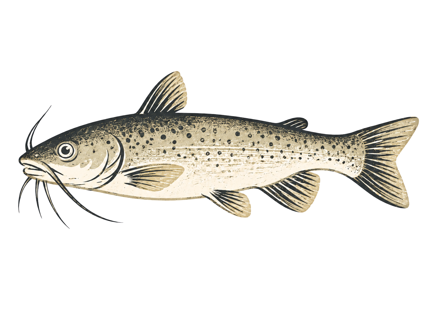 Illustration of a small, speckled fish with a pattern of black spots and fins, floating on a beige and purple background.