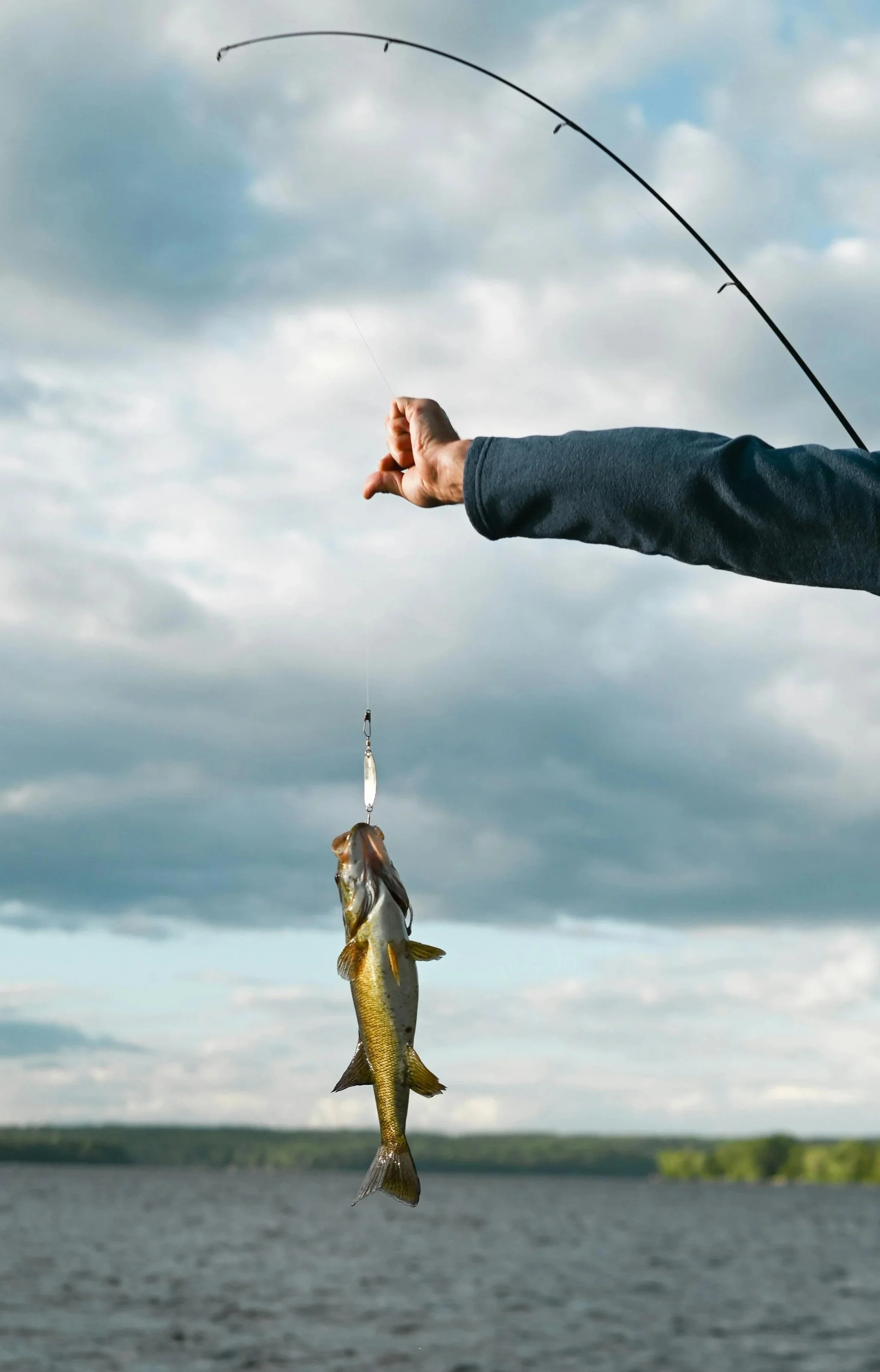 A person fishing with a fishing rod, holding a fish they caught over a large body of water with cloudy skies in the background.