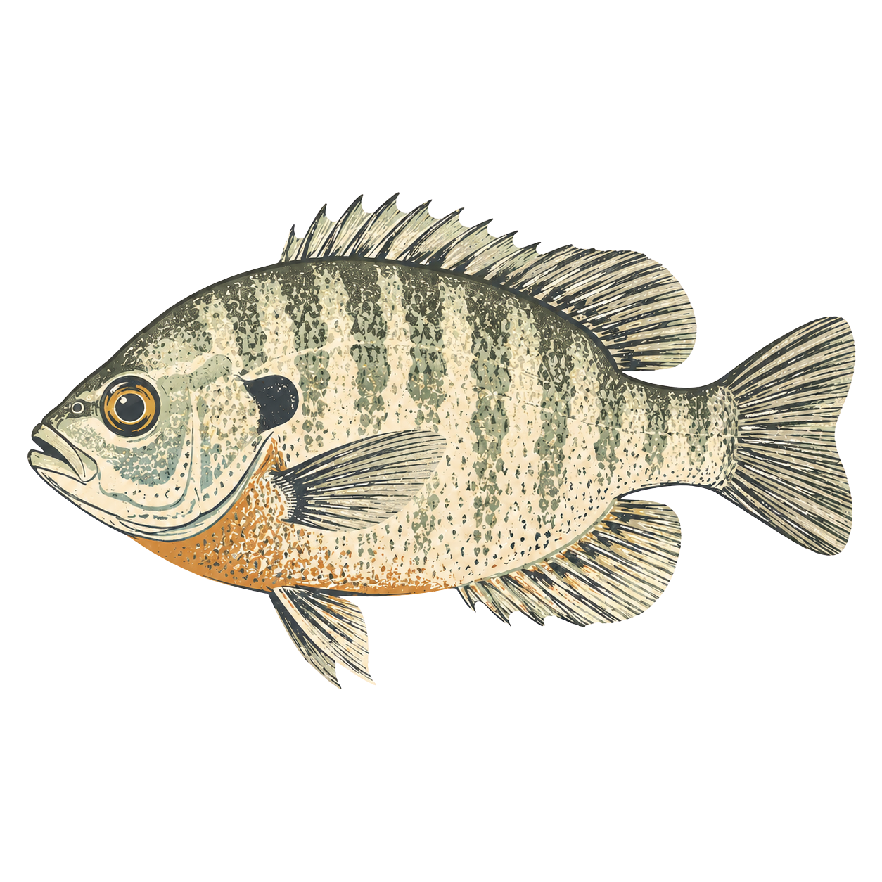 Illustration of a white and gray striped fish with spiky dorsal fin and large eye.