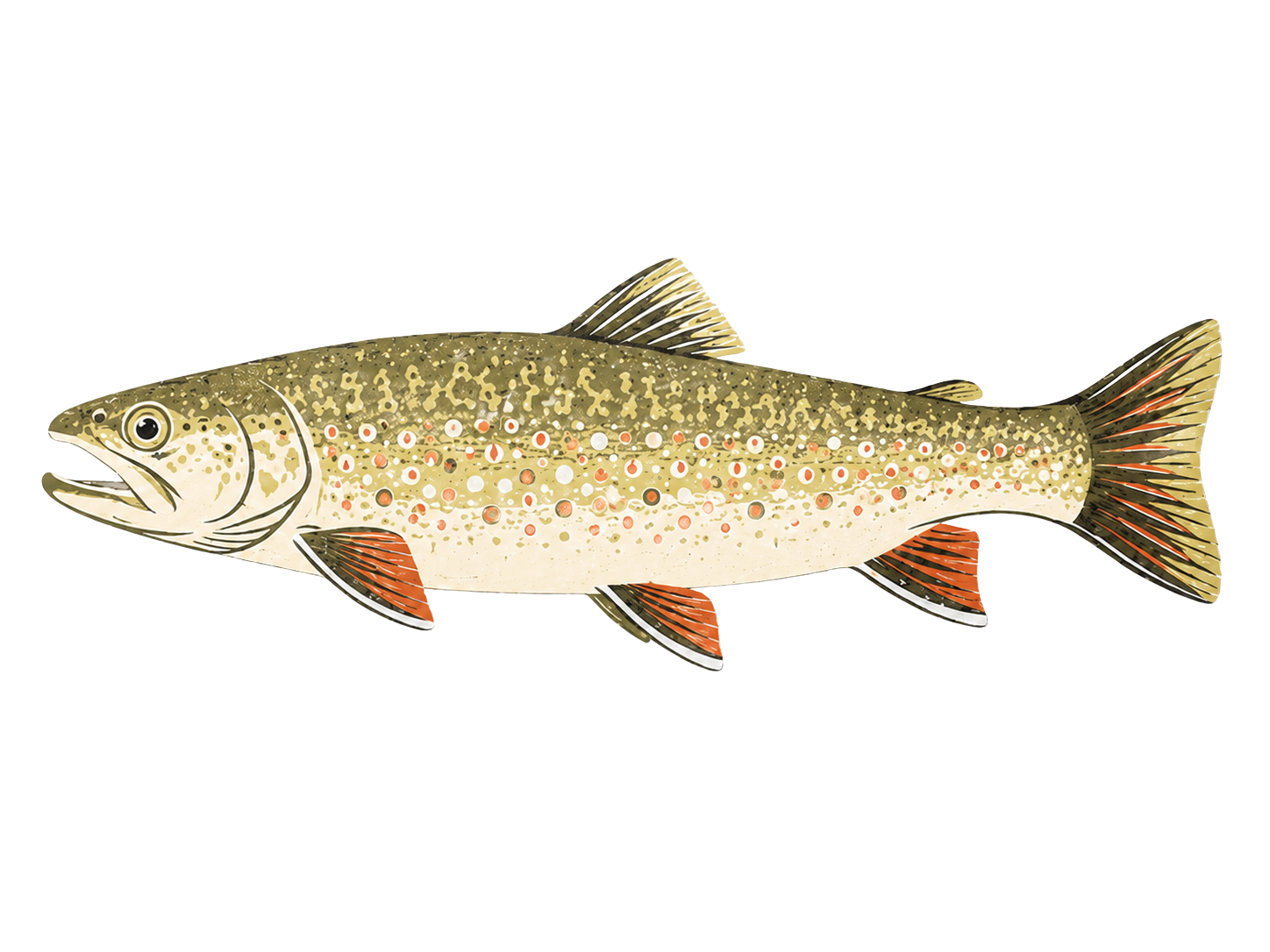 Illustration of a trout fish with detailed coloration and markings, including spots and fins.