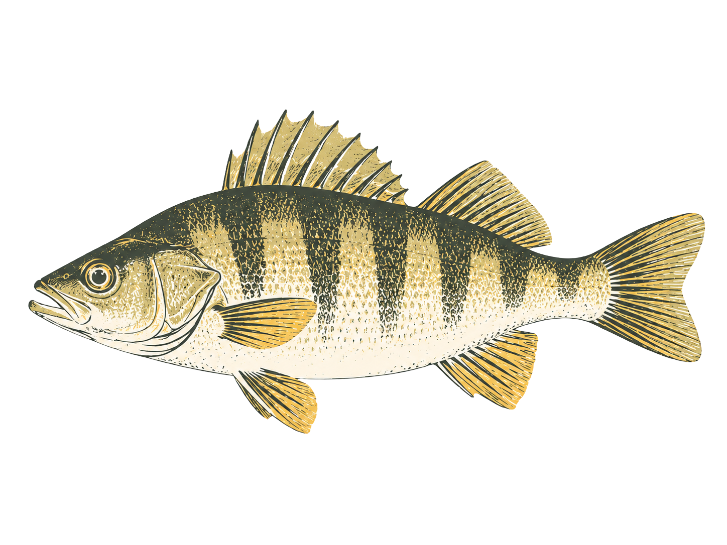 Illustration of a fish with yellow and black vertical stripes, prominent dorsal and tail fins.