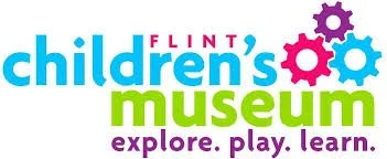 Logo for Flint's Children's Museum with colorful gears and text: "Flint's Children's Museum explore. play. learn."