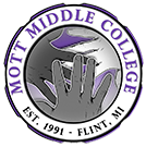 Logo of Mott Middle College featuring a hand, a purple graduation cap, and the text 'Mott Middle College Est. 1991 Flint, MI'.