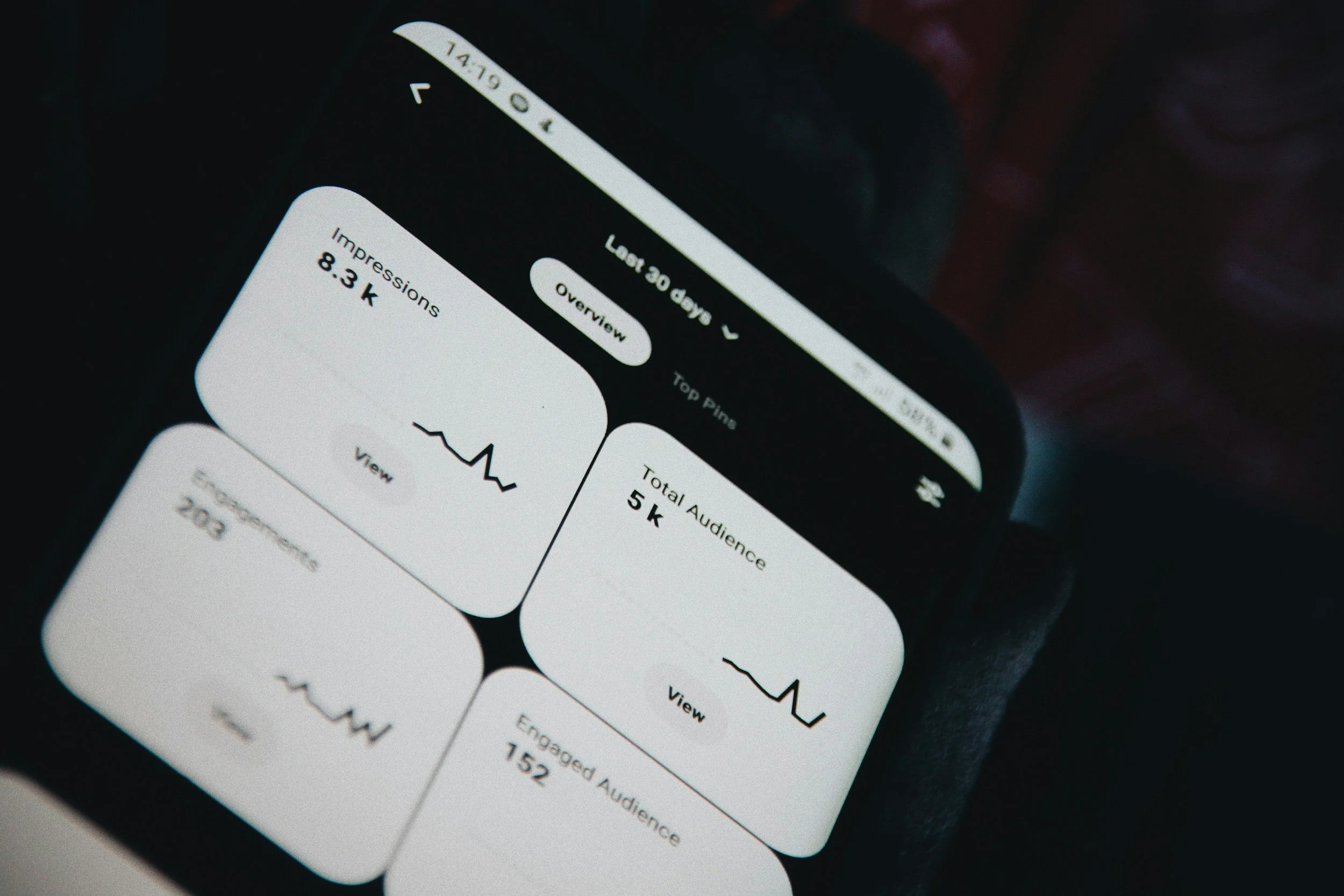 A smartphone screen displaying analytics for the last 30 days, including impressions, total audience, and engaged audience, with line graphs and an overview button.