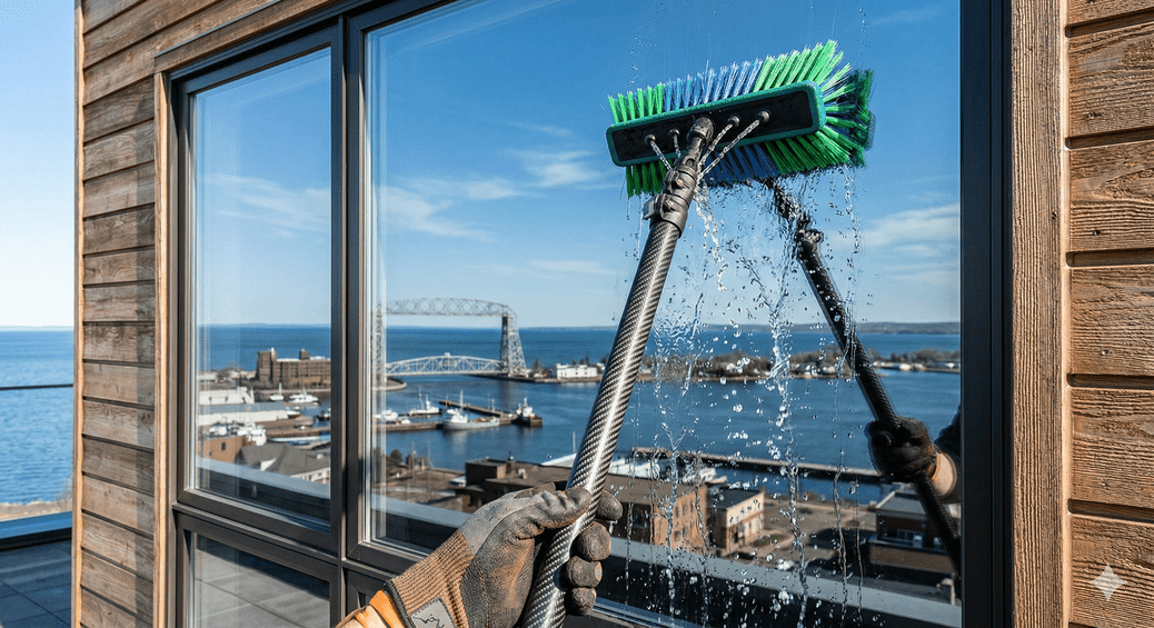 Professional window cleaning service in Duluth, MN by Up North Pressure Washing, featuring a technician using a water-fed pole system with the Aerial Lift Bridge and a branded company van in the background.