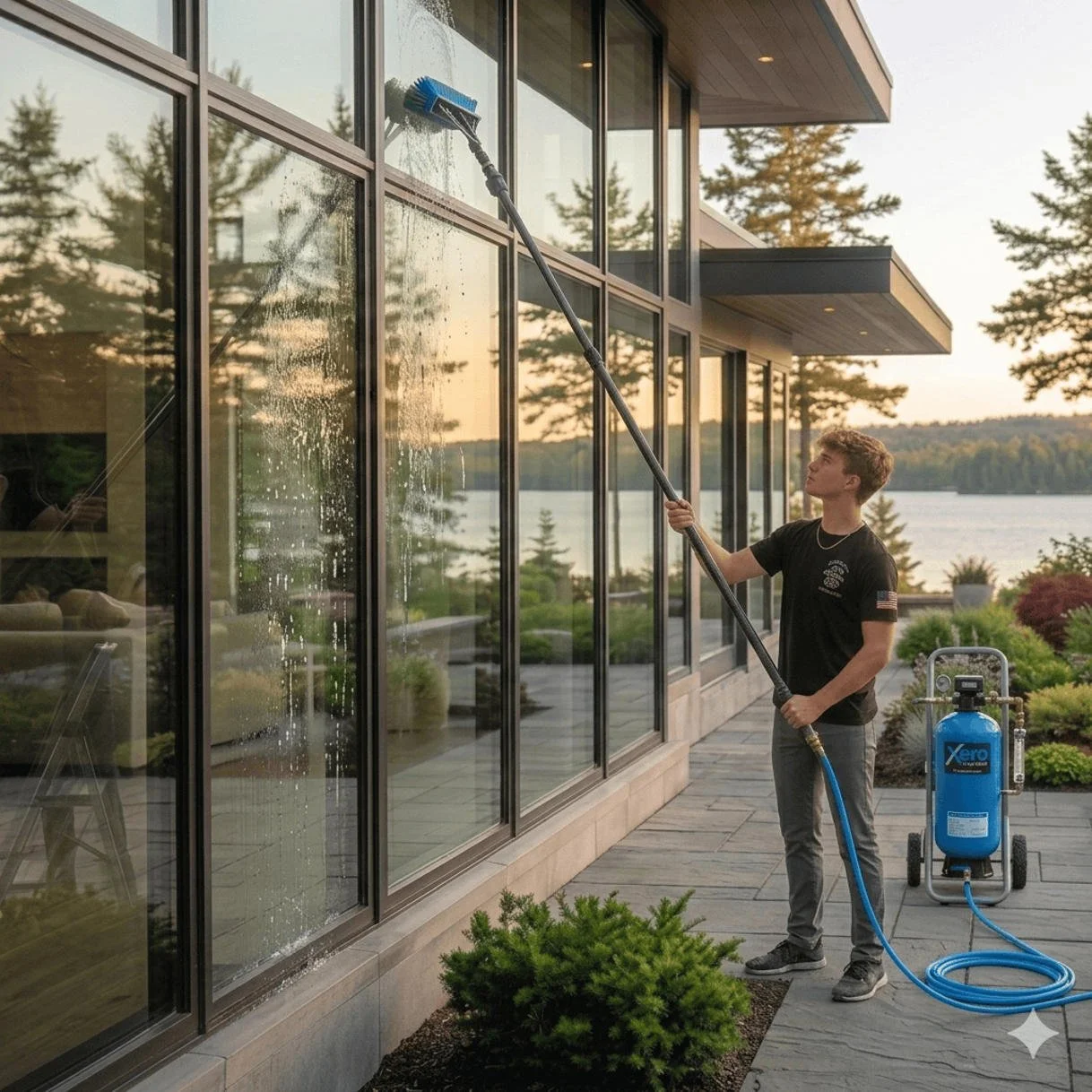 Professional window cleaning service using deionized water and a reach pole for streak-free, chemical-free results on a residential property.