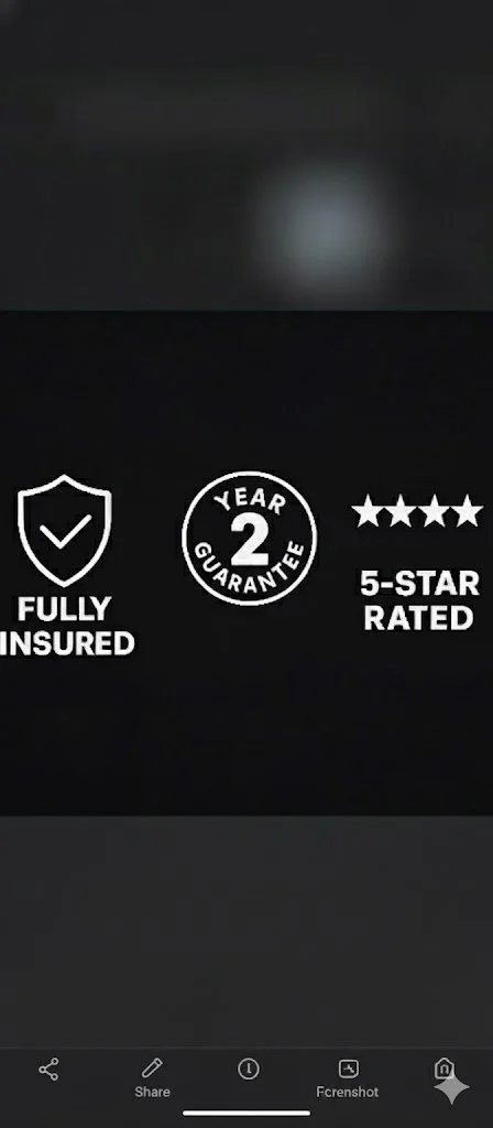 Icons and text indicating full insurance, 2-year guarantee, and 5-star rating.