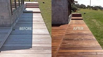 Restored wood deck and stairs in Duluth MN illustrating the difference between weathered gray wood and a professionally cleaned and stained finish.