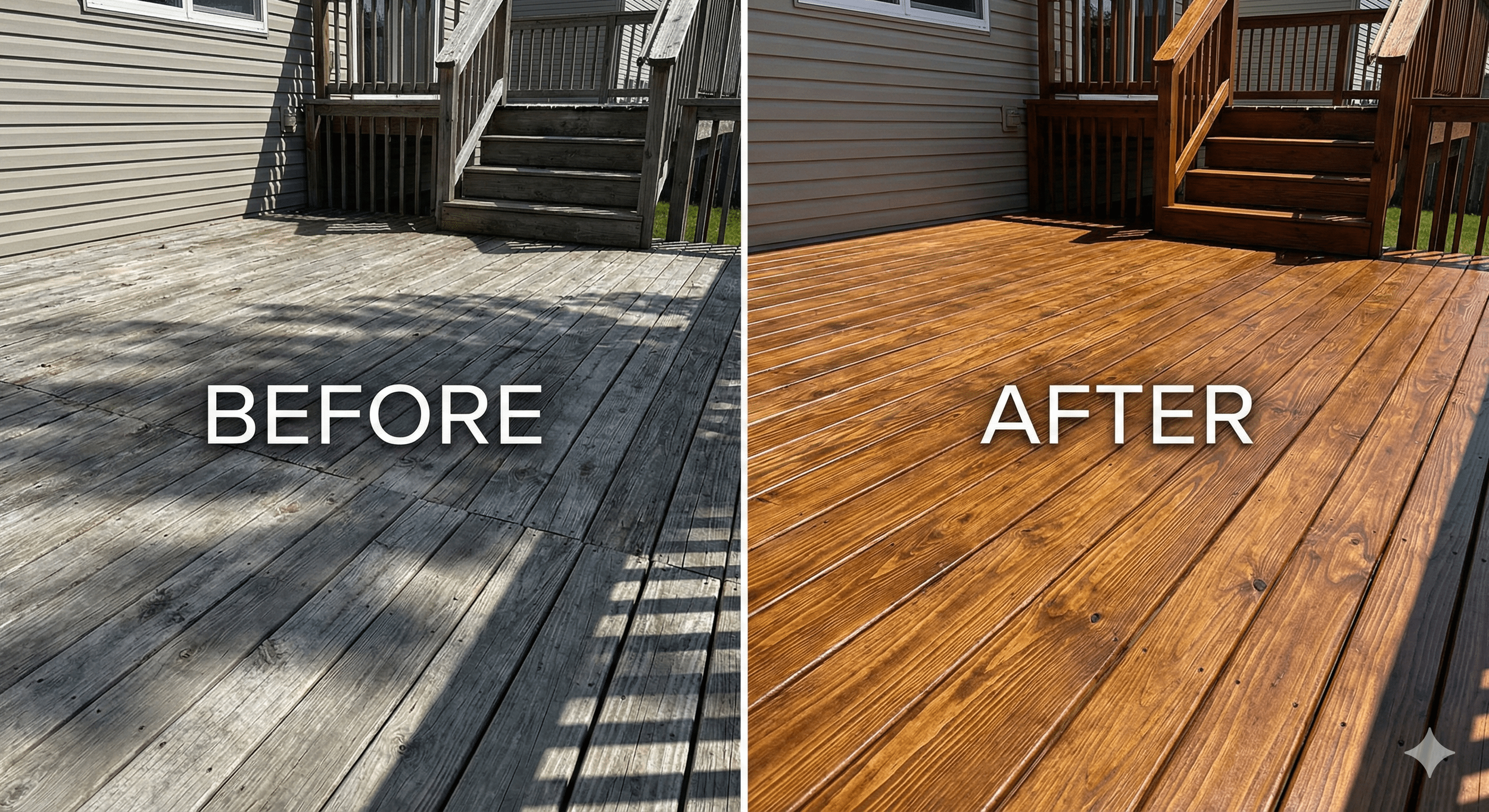 Before and after of a professional deck restoration in Duluth, MN, showing weathered grey wood transformed into a clean, stained finish.