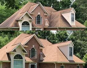 Before and after of a residential roof cleaning, showing the complete removal of heavy moss and lichen buildup from shingles.