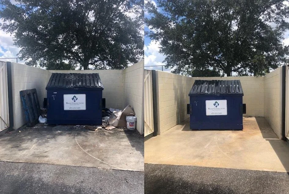 Side-by-side comparison of a trash container area before and after cleaning. The left shows a cluttered space with debris, pallets, and garbage; the right shows a clean, empty area with a dumpster.