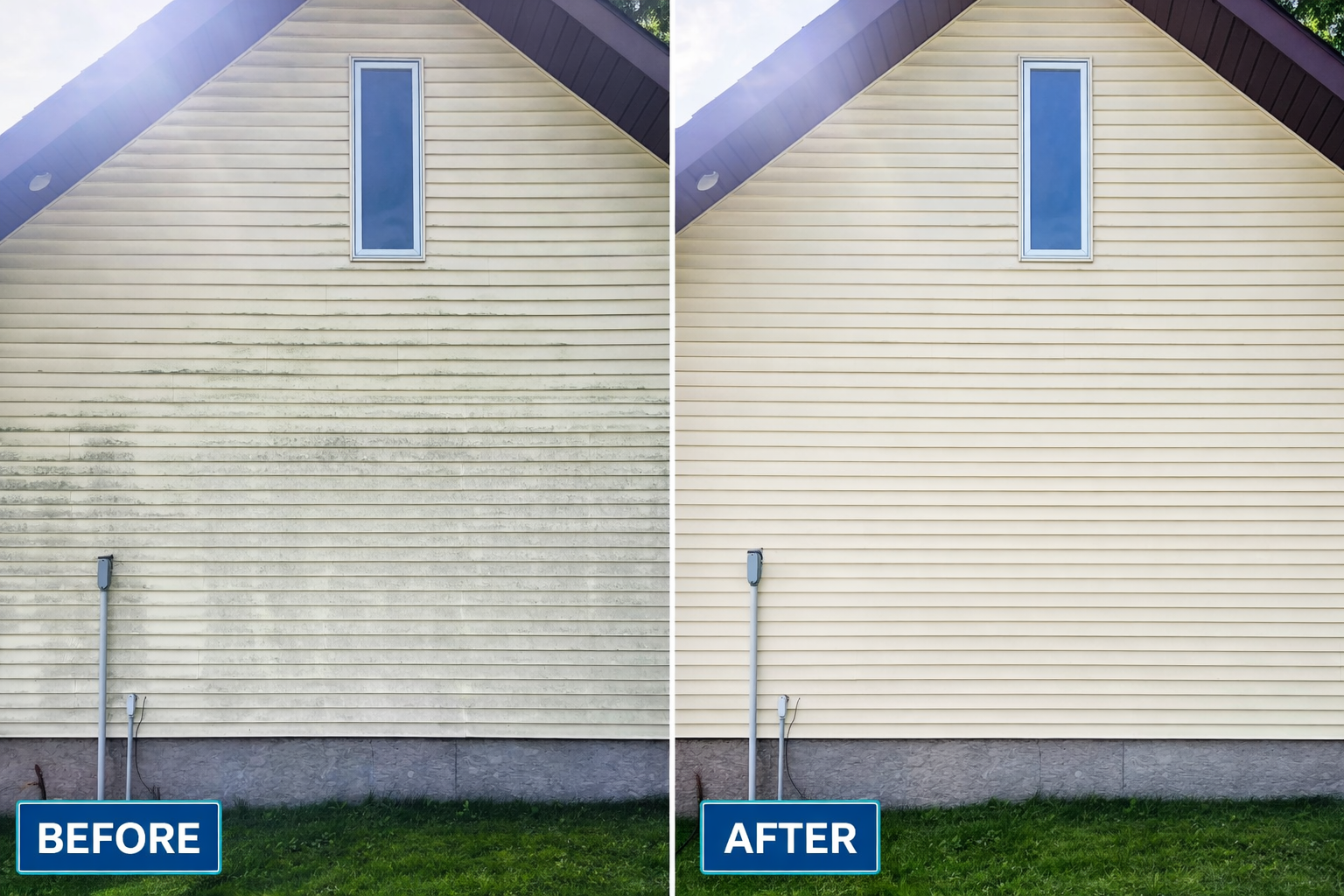 Side-by-side comparison of a house exterior before and after cleaning. The house has beige vinyl siding and a small, vertical window near the roof peak. The "Before" side shows dirt and grime on the siding, while the "After" side shows a clean, bright surface.