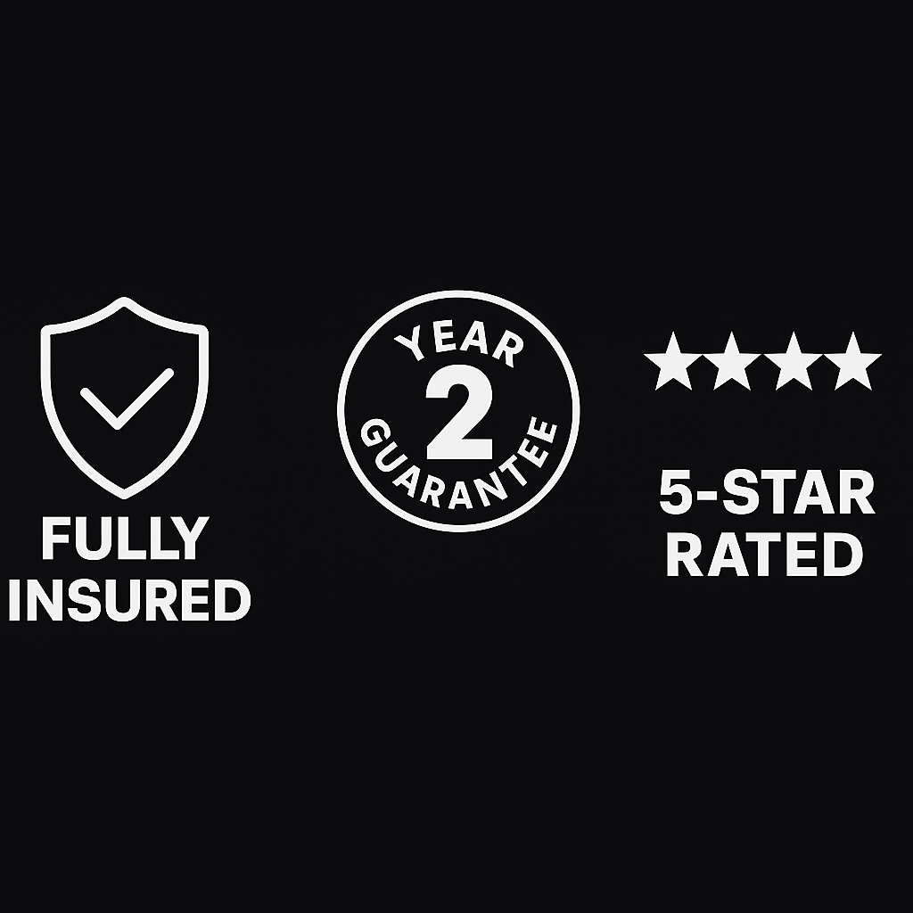 Business trust icons displaying "Fully Insured," "2 Year Guarantee," and "5-Star Rated" badges for professional cleaning services.