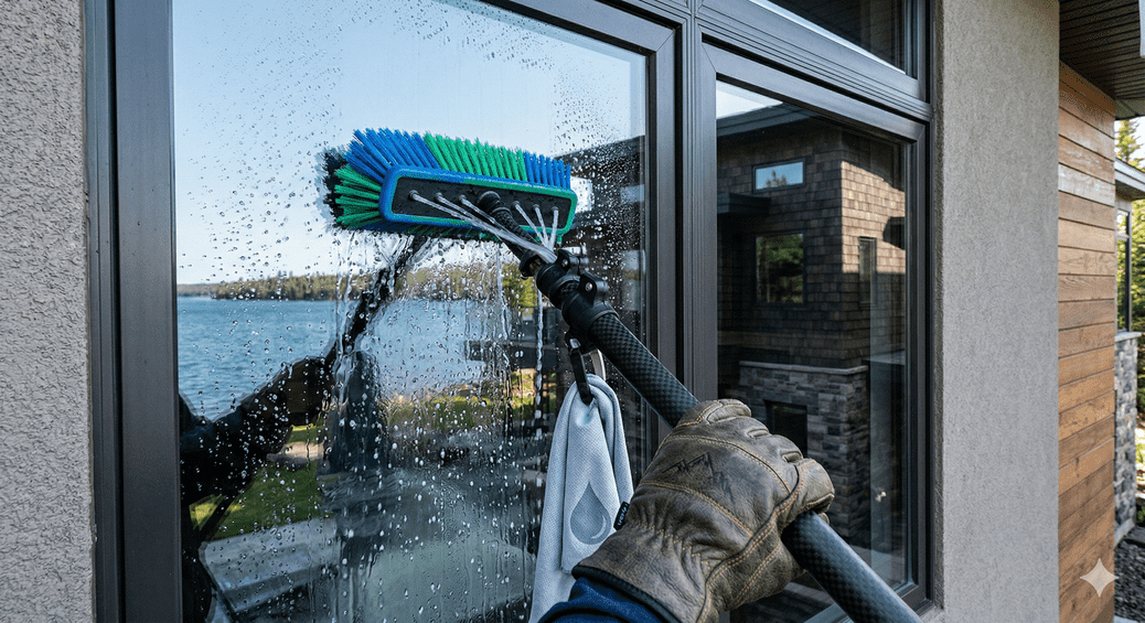 Up North Pressure Washing professional in Duluth, MN using a 35-foot carbon fiber water-fed pole connected to a specialized DI (deionized) water filtration system for a spot-free residential window clean.