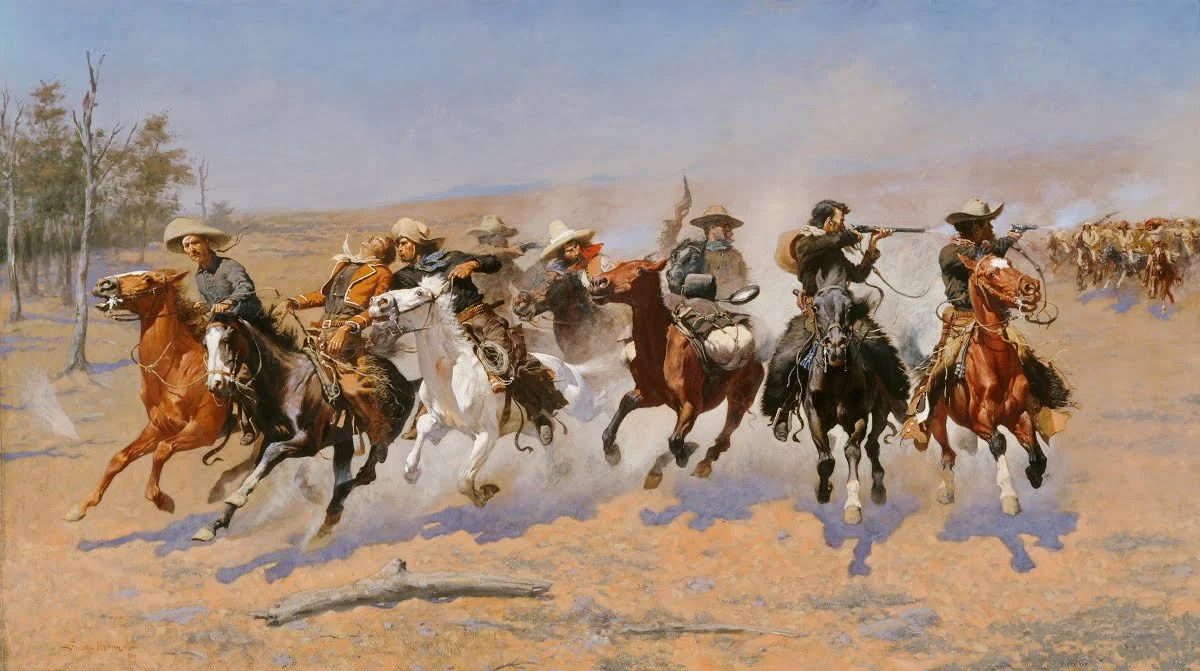 A painting of seven cowboys riding horses at full speed across a plains landscape, some shooting rifles, with trees and dust in the background.