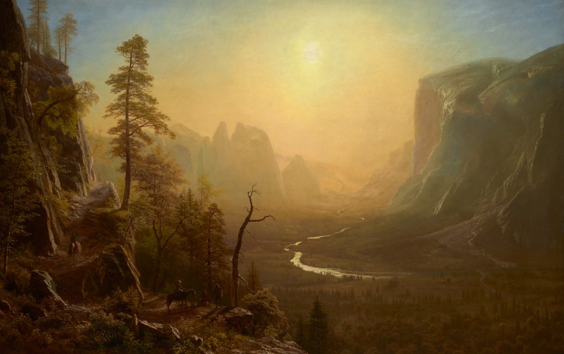 A landscape painting depicting a valley with tall trees and rocky cliffs, a winding river at the bottom, and the sun shining through a hazy sky.
