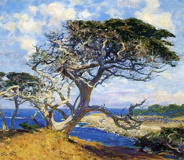 A painting of a seaside landscape featuring a large, leaning tree with twisted branches, overlooking a river leading toward the ocean in the background.