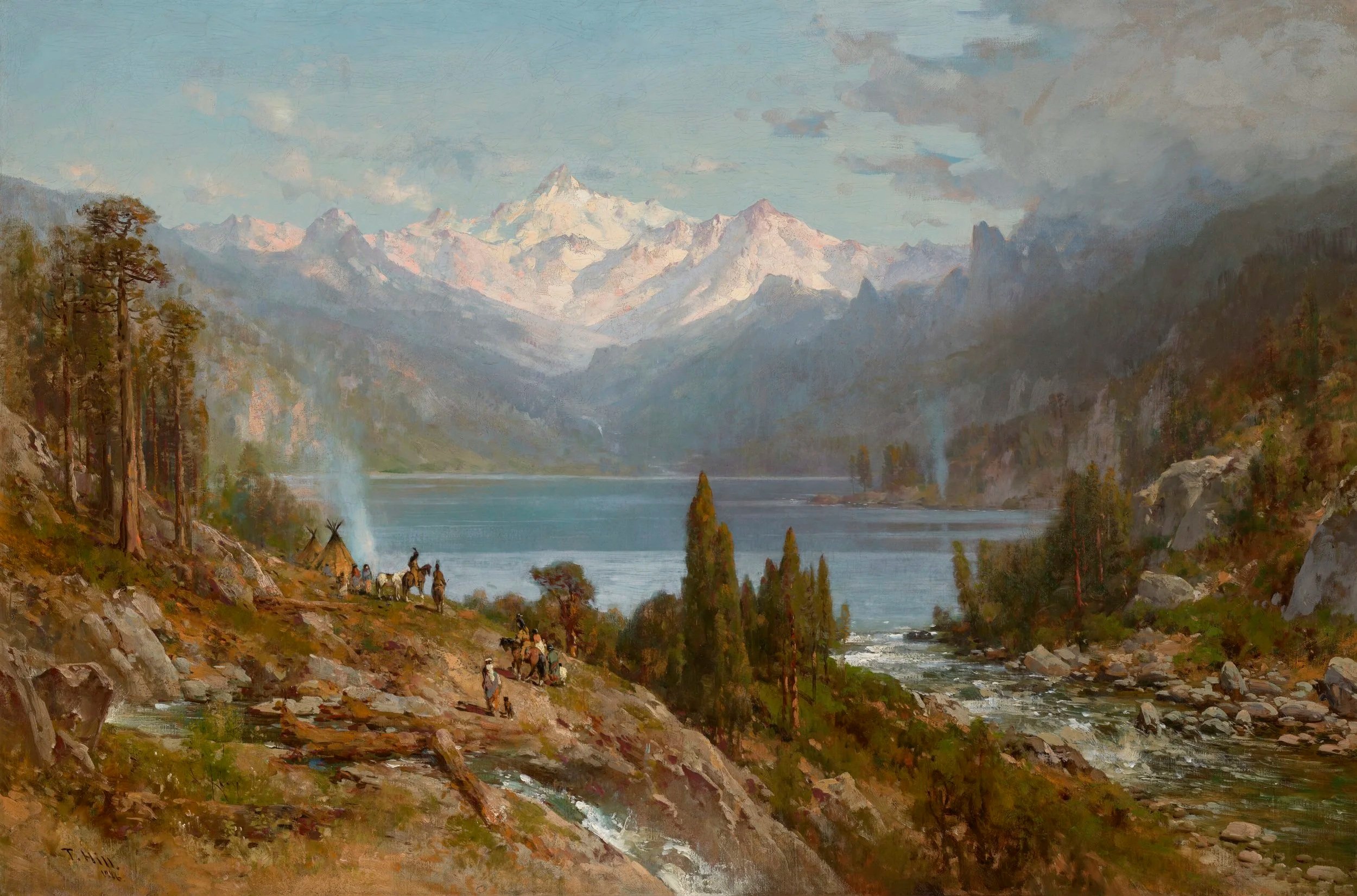 A painting of a mountain landscape with snow-capped peaks, a lake, and a forested area with people and horses in the foreground.
