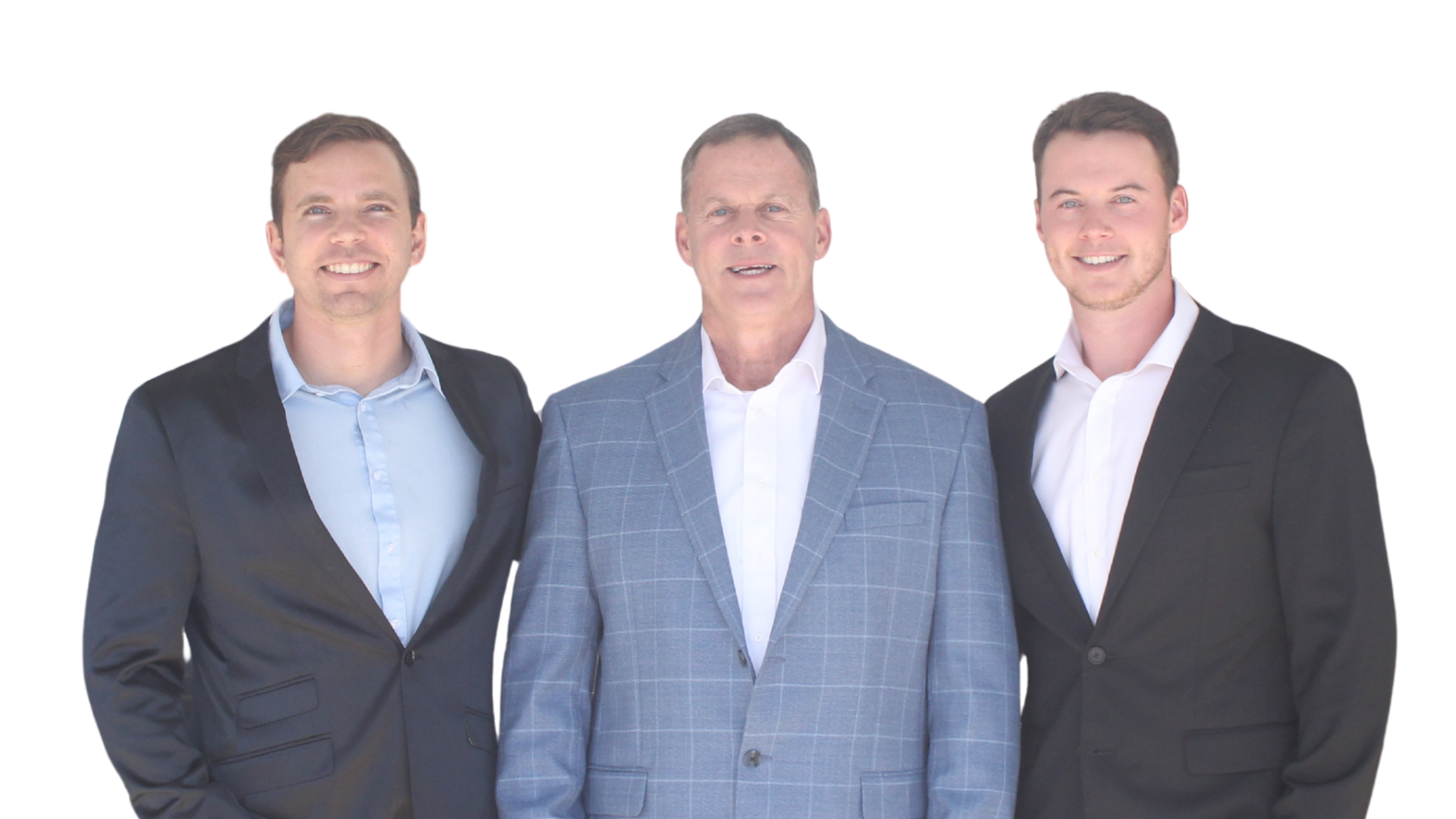 Three men wearing blazers and light colored shirts