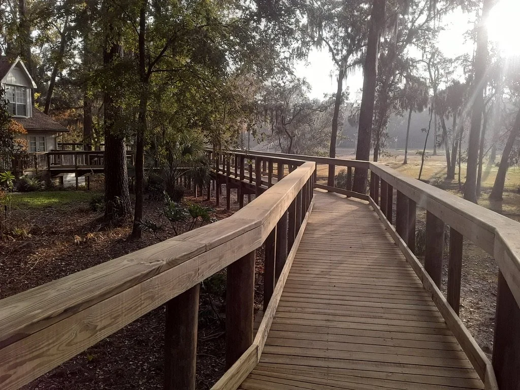 A winding wooden wheelchair-accessible ramp with handrails on both sides, surrounded by trees and a house in the background, with sunlight filtering through the trees.