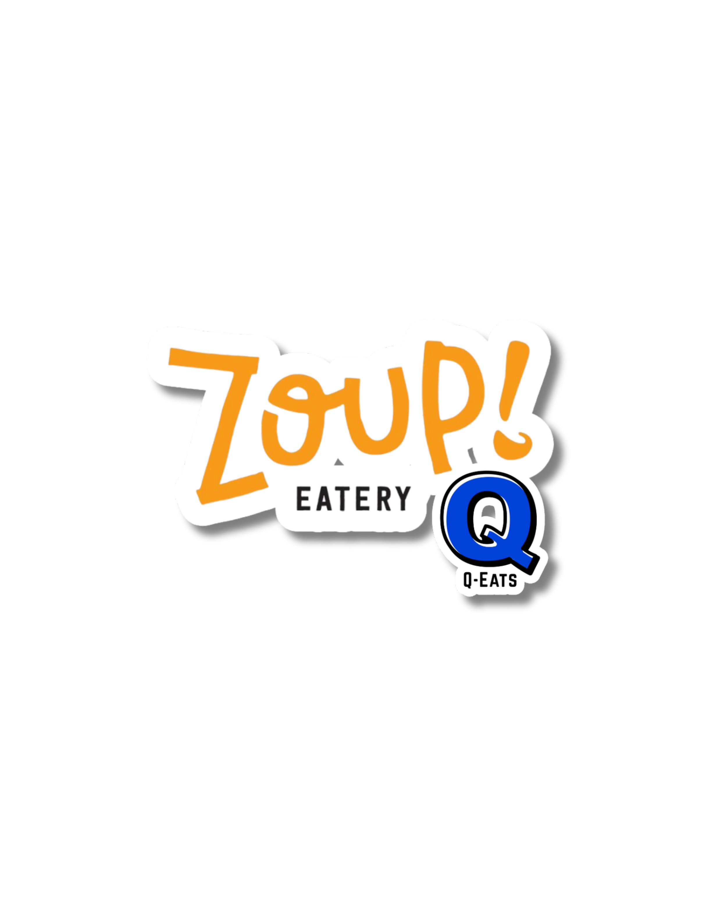 Logo of Zoup! Eatery featuring the words 'Zoup!' in orange text, 'Eatery' in black text underneath, and a blue 'Q' with 'Q-Eats' below it, on a black background.