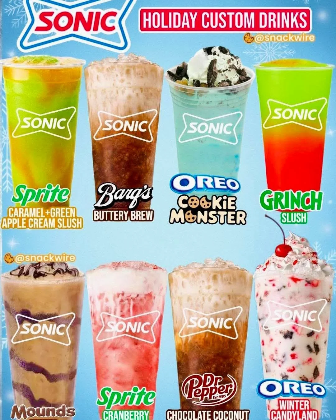 ☃️ Sonic Holiday Drinks &mdash; Which ones do you want to try?! 

🍏 Caramel + Green Apple Cream Slush: Order a Green Apple Slush, add caramel drizzle and sweet cream.

🍻 Barqs Buttery Brew: Order a root beer, add caramel and sweet cream.

🍪 Cookie