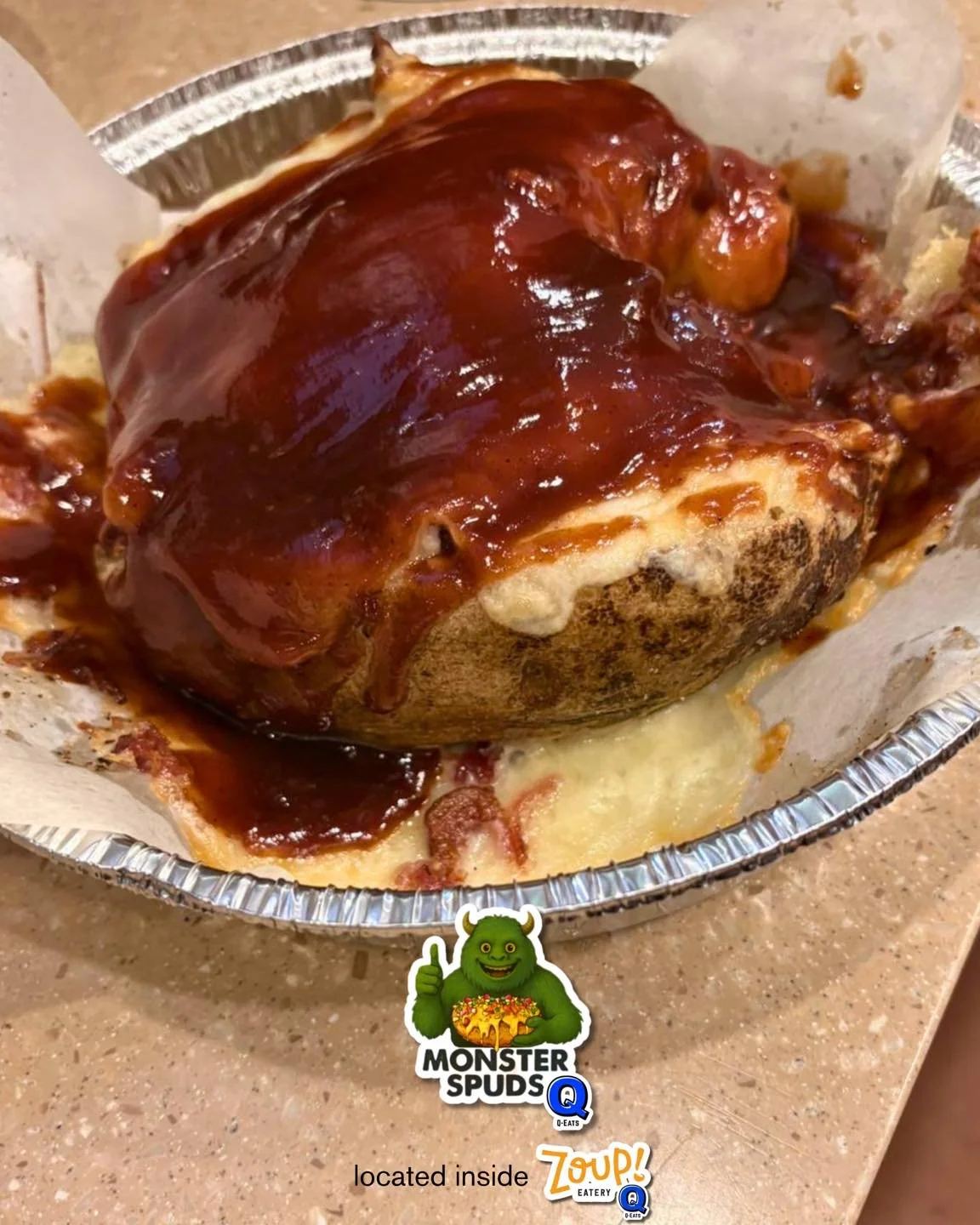🔥 Go big with the BBQ sauce? Say less.
This BBP spud doesn&rsquo;t hold back. 🥔🔥

#monsterspuds #loadedspud #spuds #bakedpotato #foodnearme #imhungry
