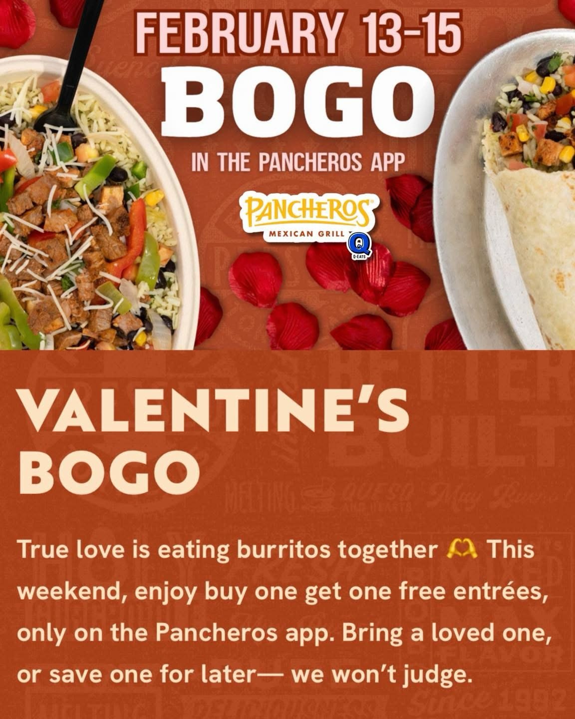 Last chance, lovebirds! 🥰

🏹 Today is the FINAL day for our Valentine&rsquo;s BOGO! Buy one entr&eacute;e, get one FREE in the Pancheros app because sharing burritos is our love language! 🌯🍴🧡

#ValentinesDay2026 #bogosale #foodnearme #Pancheros