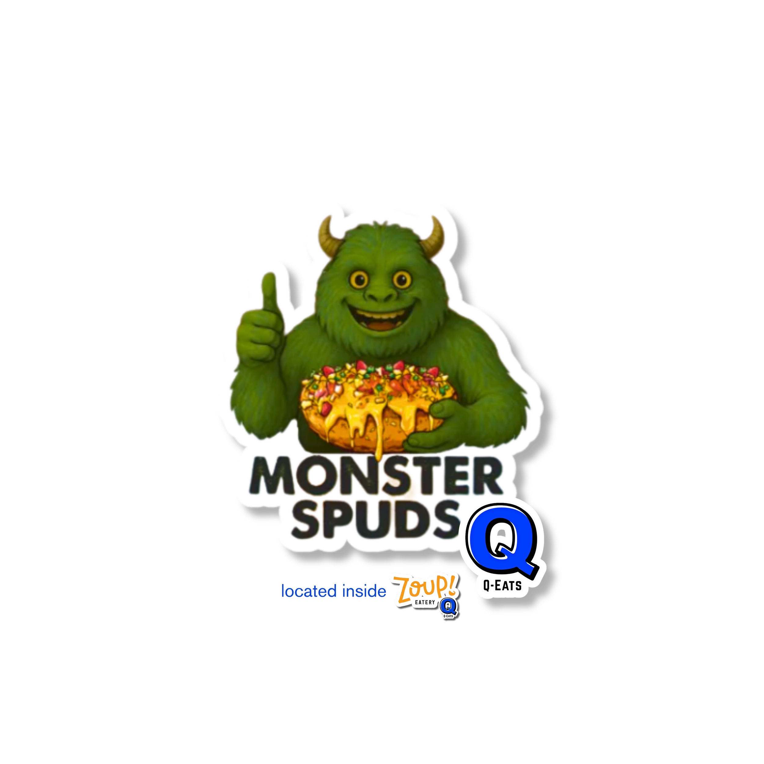 A cartoon monster with green fur, horns, and yellow eyes holding a pizza and giving a thumbs-up. Text below reads 'Monster Spuds' with additional smaller texts 'located inside', 'ZoUP!', and 'Q-EATS'.