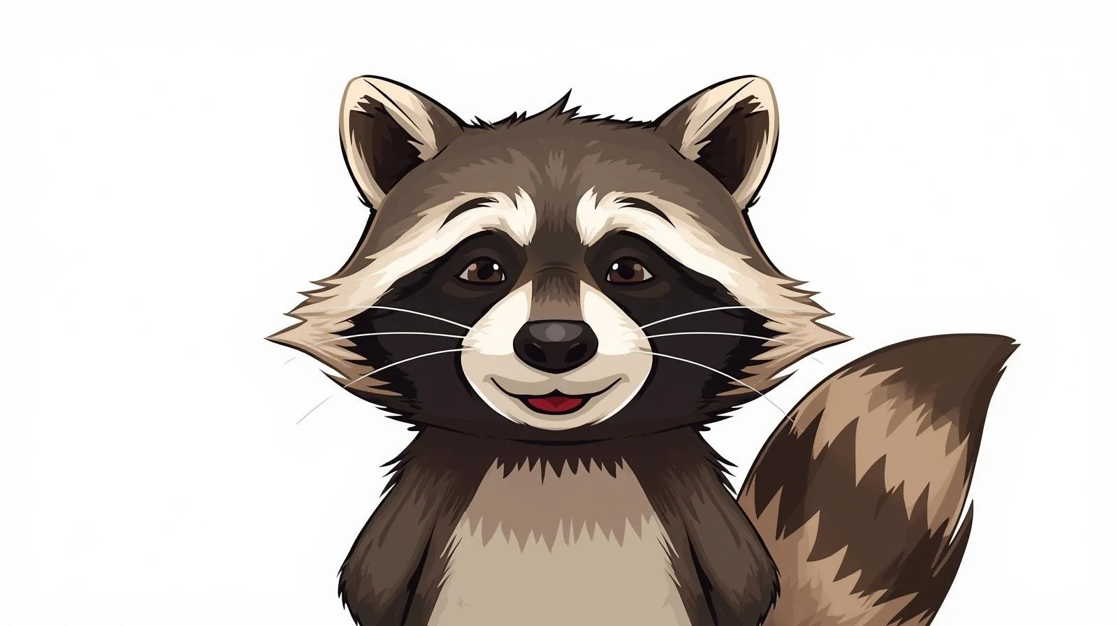Cartoon raccoon with gray and black fur, white face markings, and bushy tail, smiling on a white background.