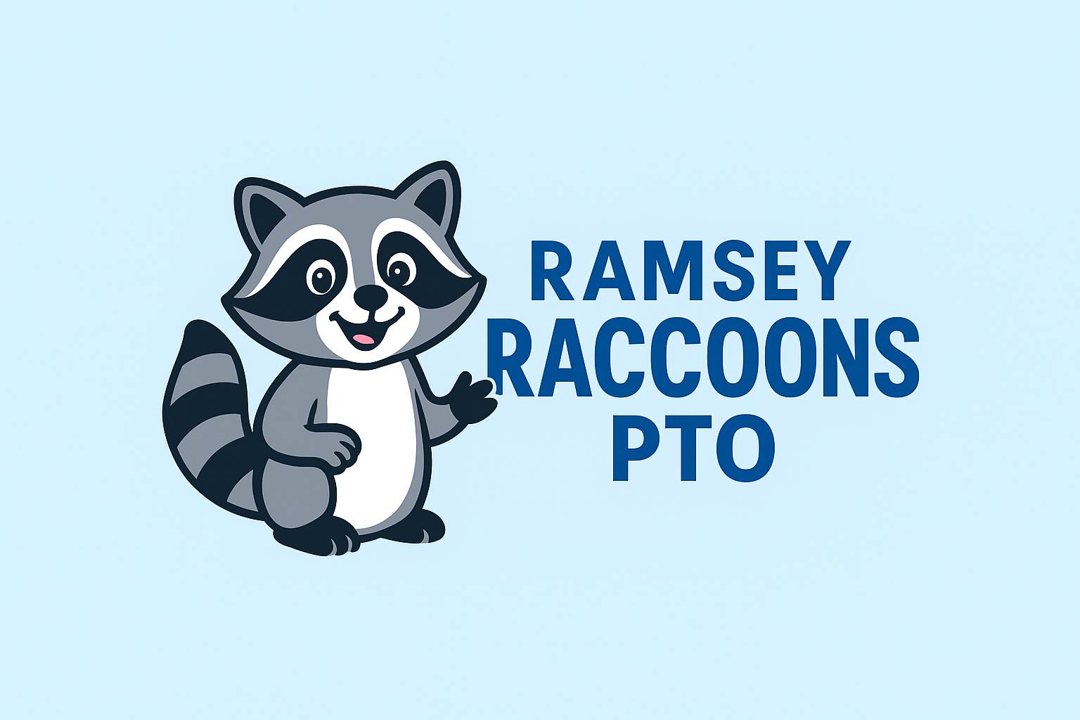 Cartoon raccoon character waving next to text that reads 'Ramsey Raccoons PTO' on a light blue background.
