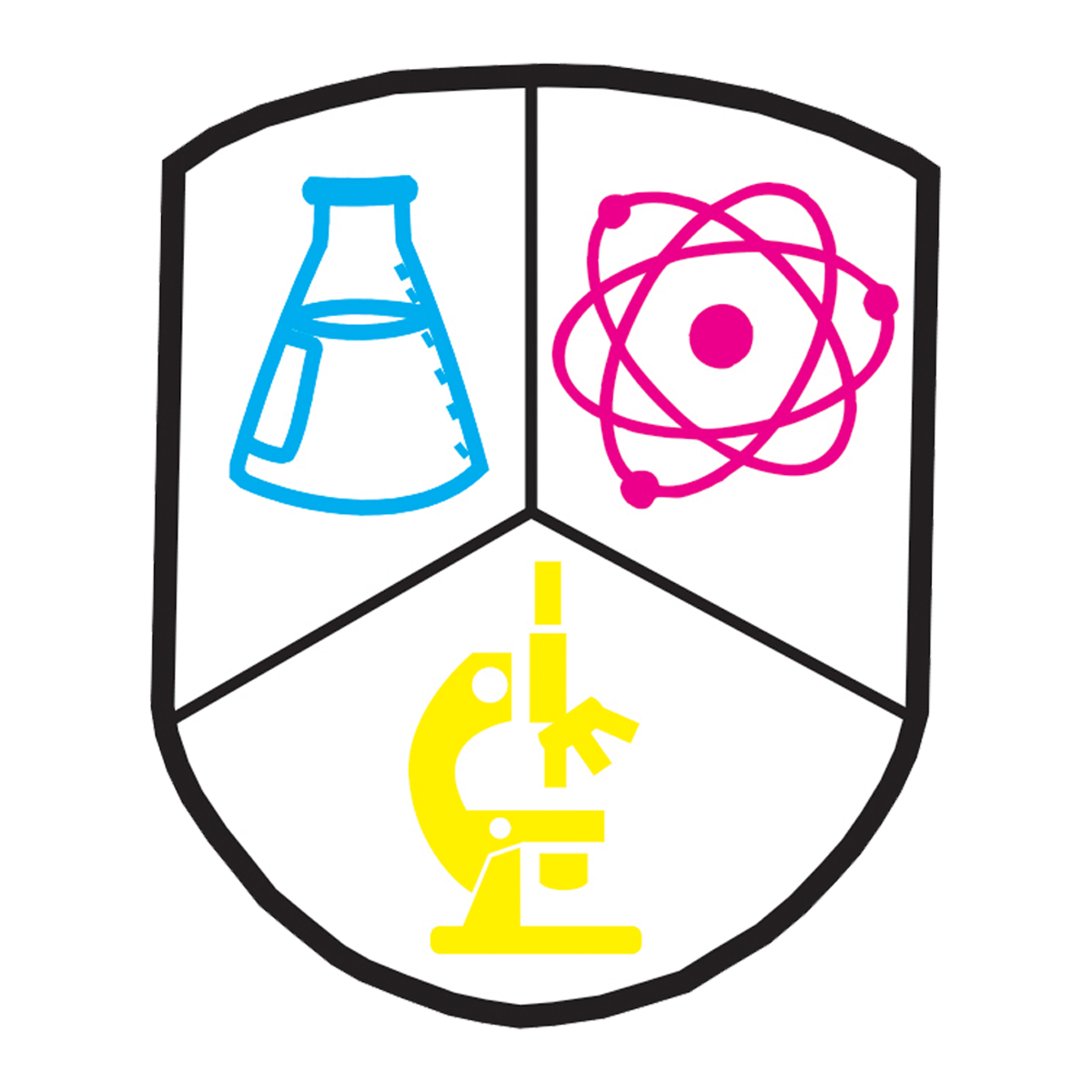 A shield-shaped emblem divided into three sections with symbols for science, physics, and chemistry.