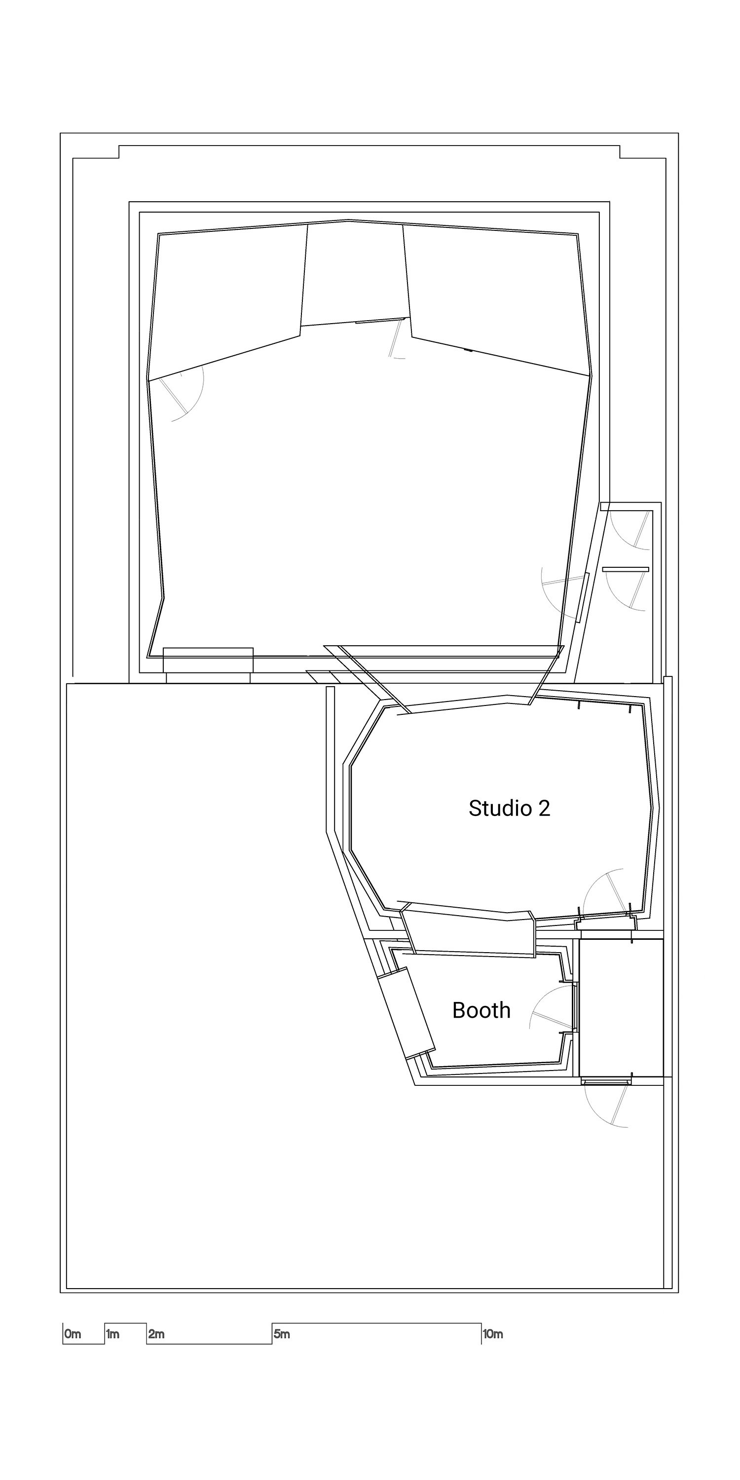 Floor plan layout of Studio Le Roy, including the recording hall, a vocal booth and studio 2.