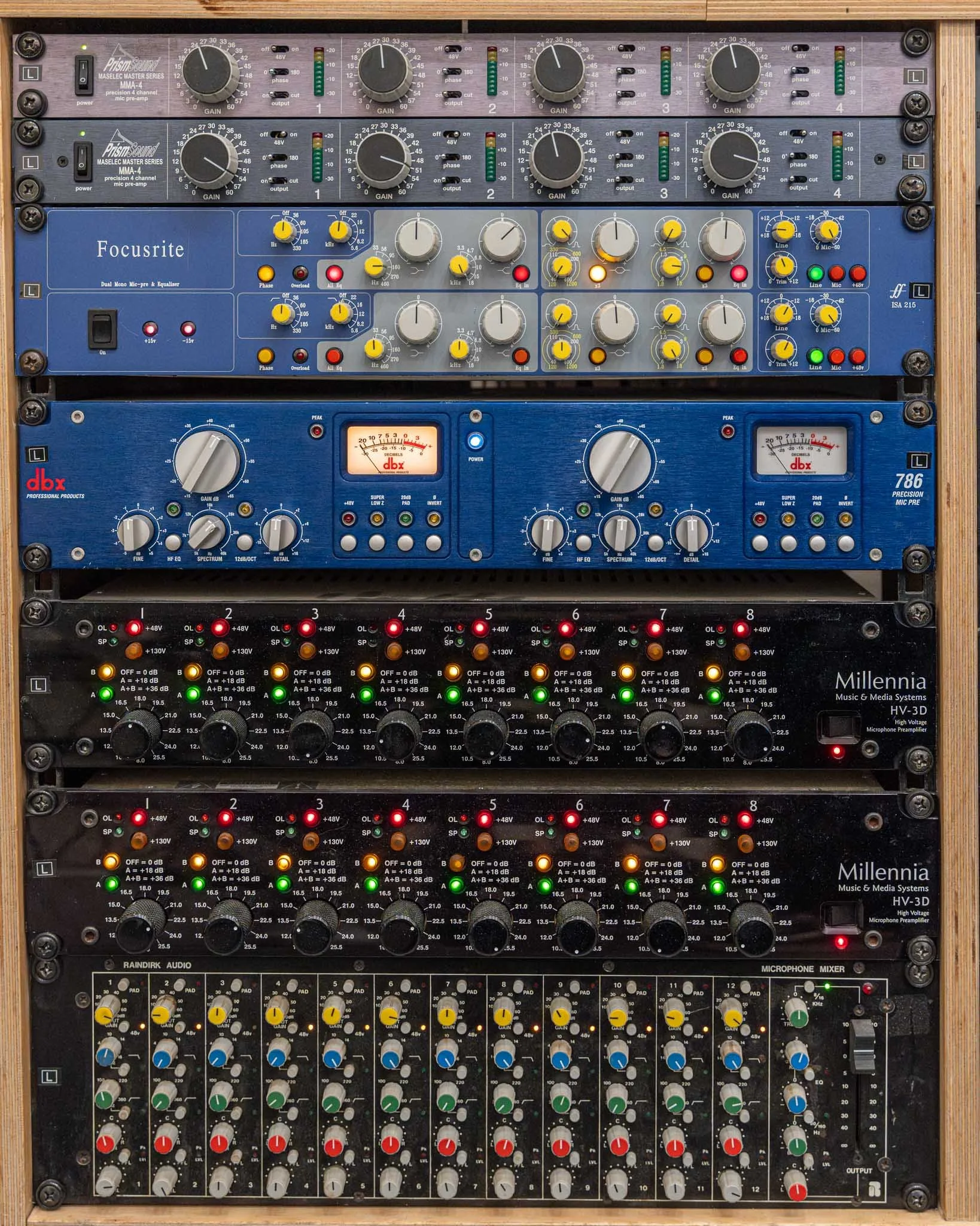 Audio mixing console with multiple equalizers, amplifiers, and microphone inputs in a rack-mounted setup.