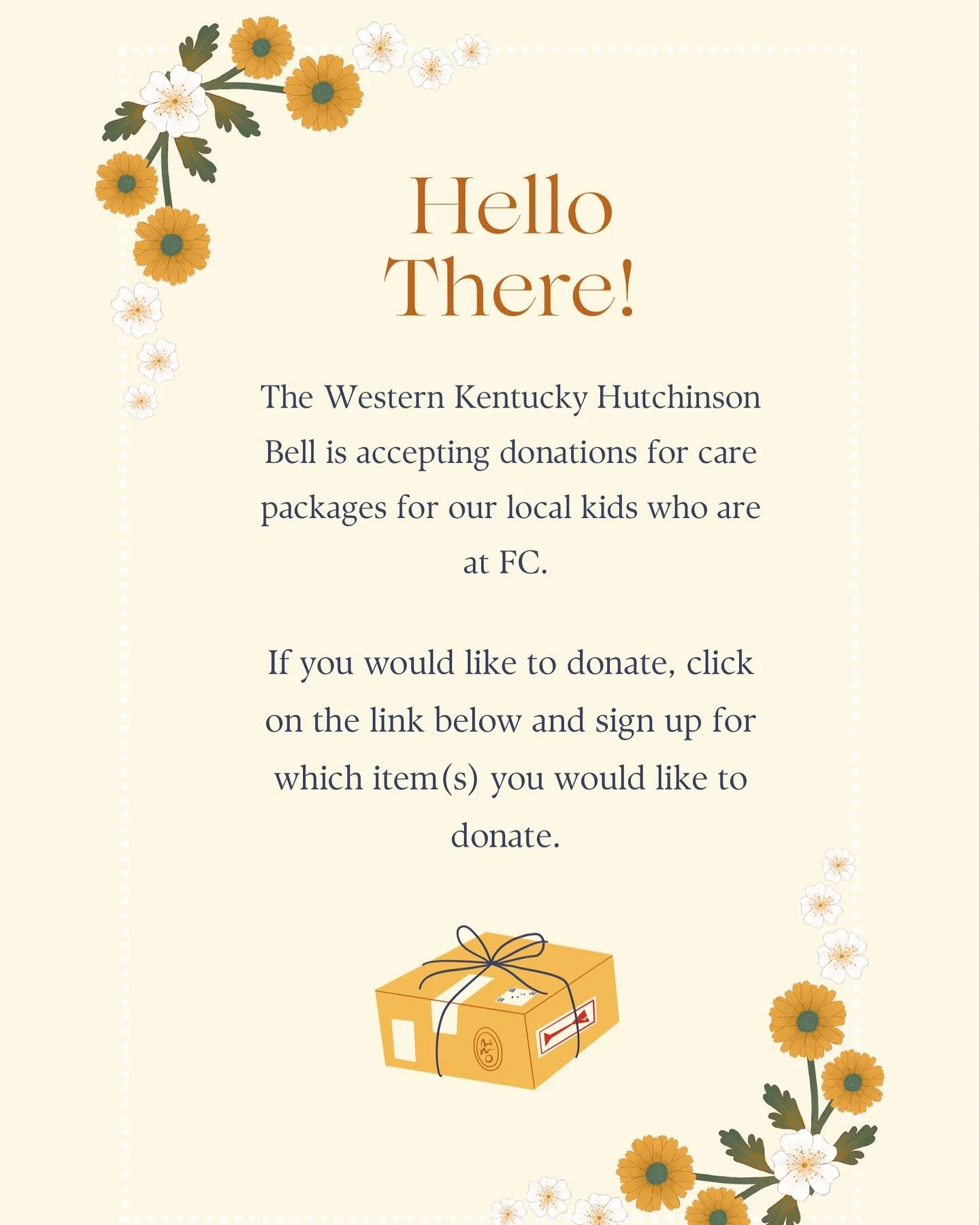 Hey everyone! We&rsquo;re collecting donations for items for care packages for the kids in our area who currently at FC! If you would like to donate something, please follow the link below/posted in our story! All the details are in the link  https:/