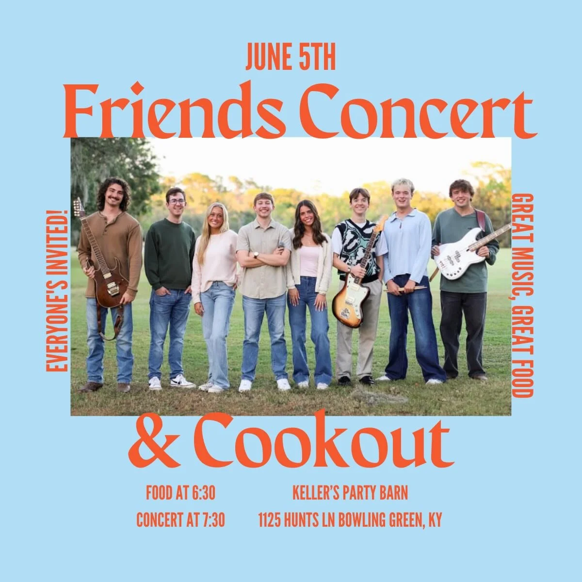 The FC Friends are coming back to BG! Join us as we have a FREE concert &amp; cookout on June 5th at the Keller&rsquo;s party barn. 

Food will be served at 6:30 with the concert starting at 7:30.

#fcfriends #floridacollege #hutchinsonbell #wkyhb