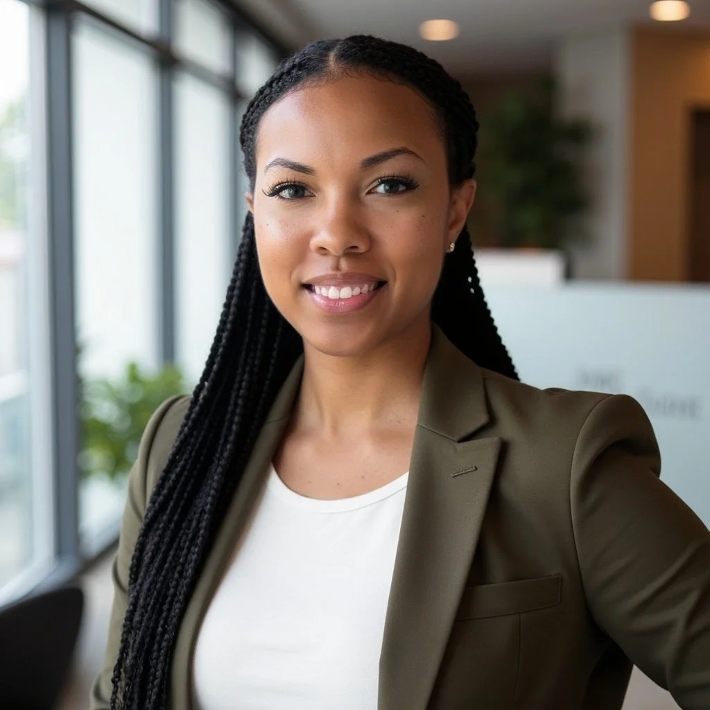 A confident young woman with braided hair, wearing a blazer and smiling, standing in a modern office with large windows and natural light.