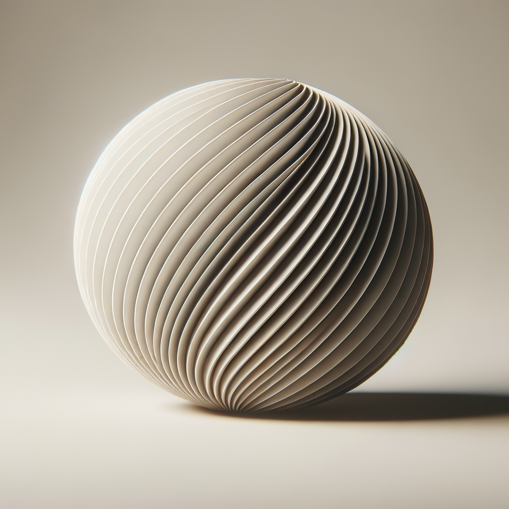 A spherical object made of numerous thin, curved, fabric-like strips creating a layered, textured surface, with a soft shadow cast on a neutral background.