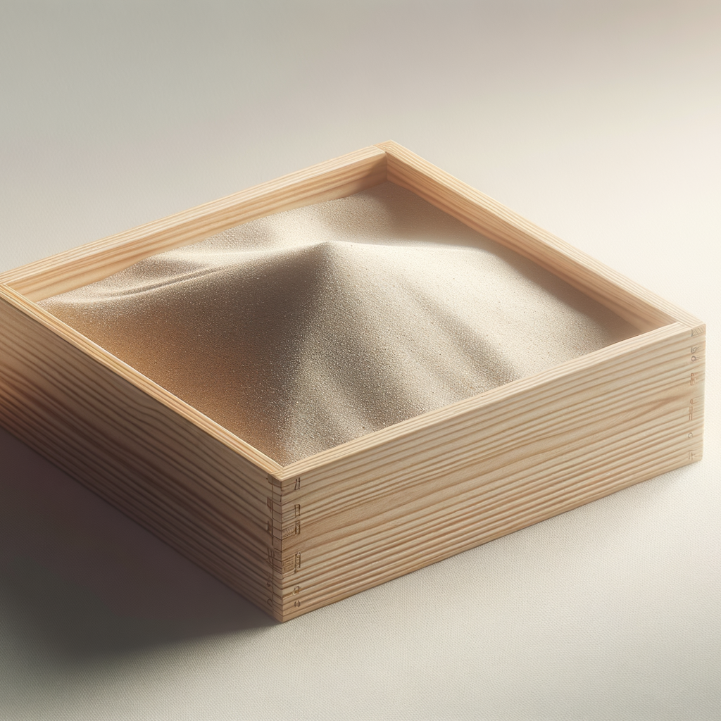 A wooden frame holding a container filled with fine white sand.